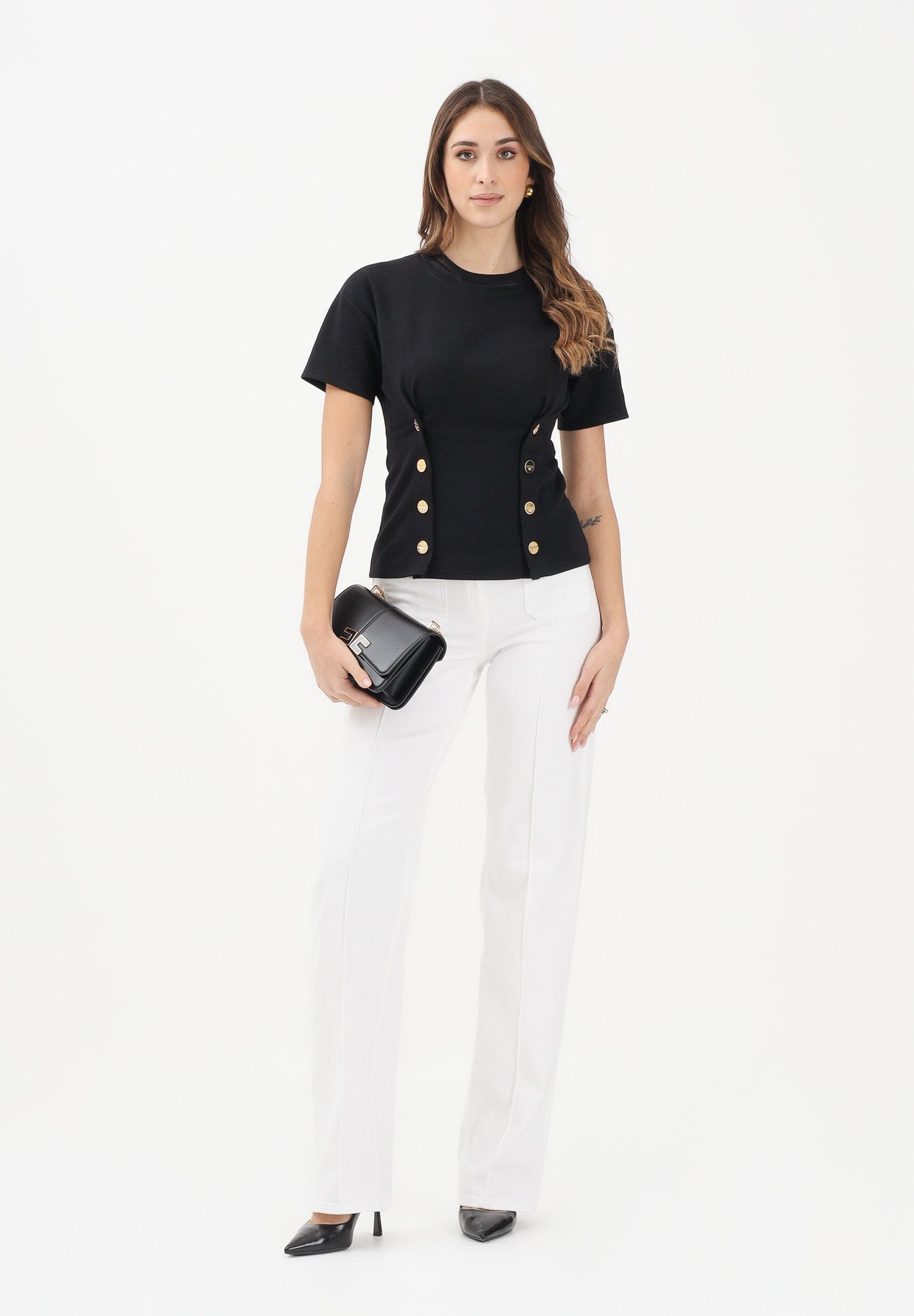 ELISABETTA FRANCHI Jeans a vita alta avorio da donna con dettagli gioiello PJ25D61E2 360 ELISABETTA FRANCHI