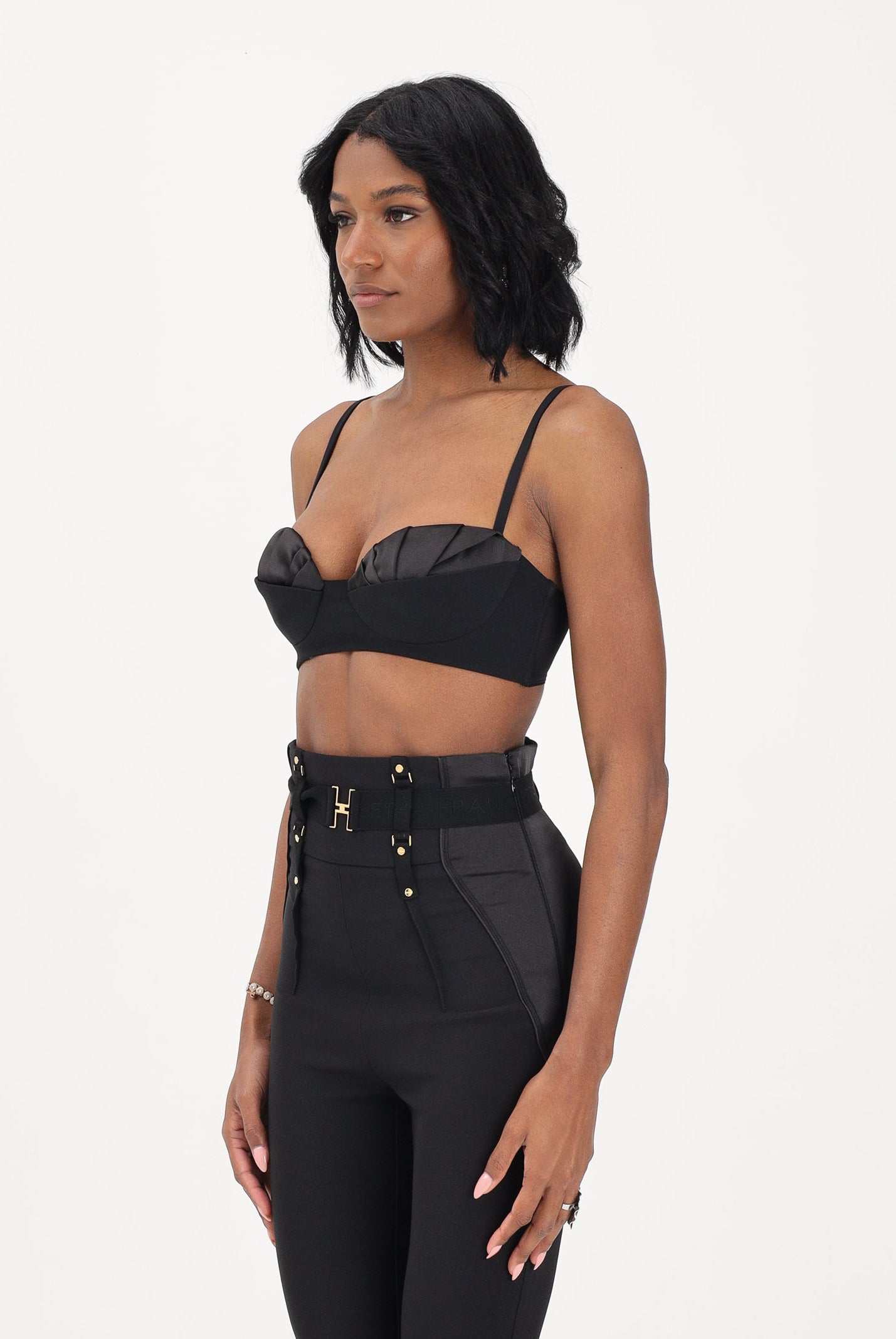ELISABETTA FRANCHI Top nero da donna in crêpe leggero e raso RG01562E2EA1 110 ELISABETTA FRANCHI