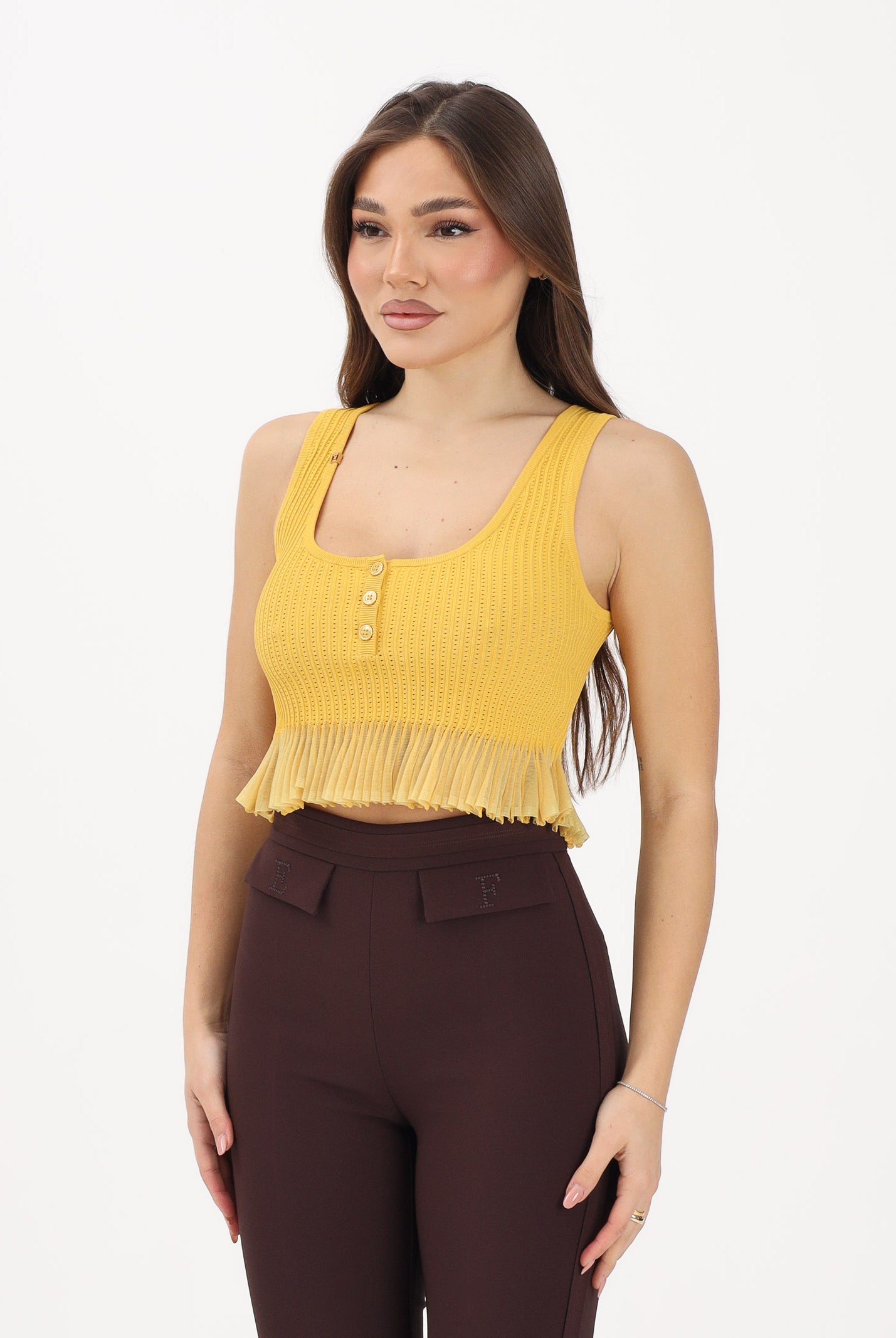 ELISABETTA FRANCHI Canotta gialla da donna in maglia à jour TK74B61E2 EV4 ELISABETTA FRANCHI