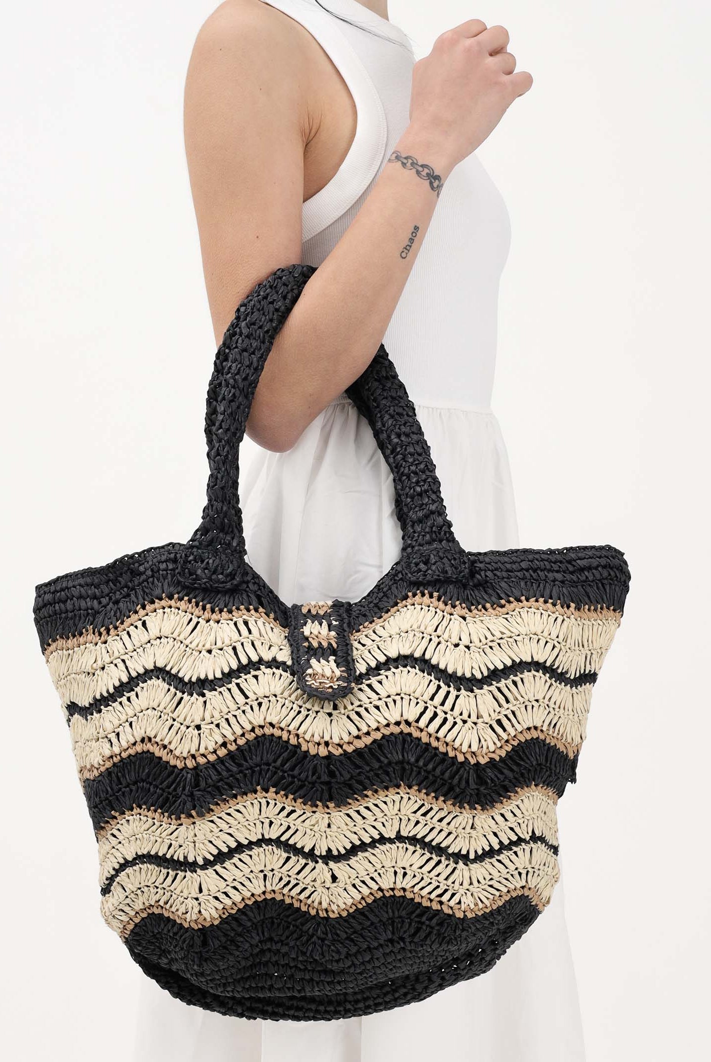 F**K Borsa a spalla nera e beige da donna con motivo a onde FA26-SW0061BK . F**K