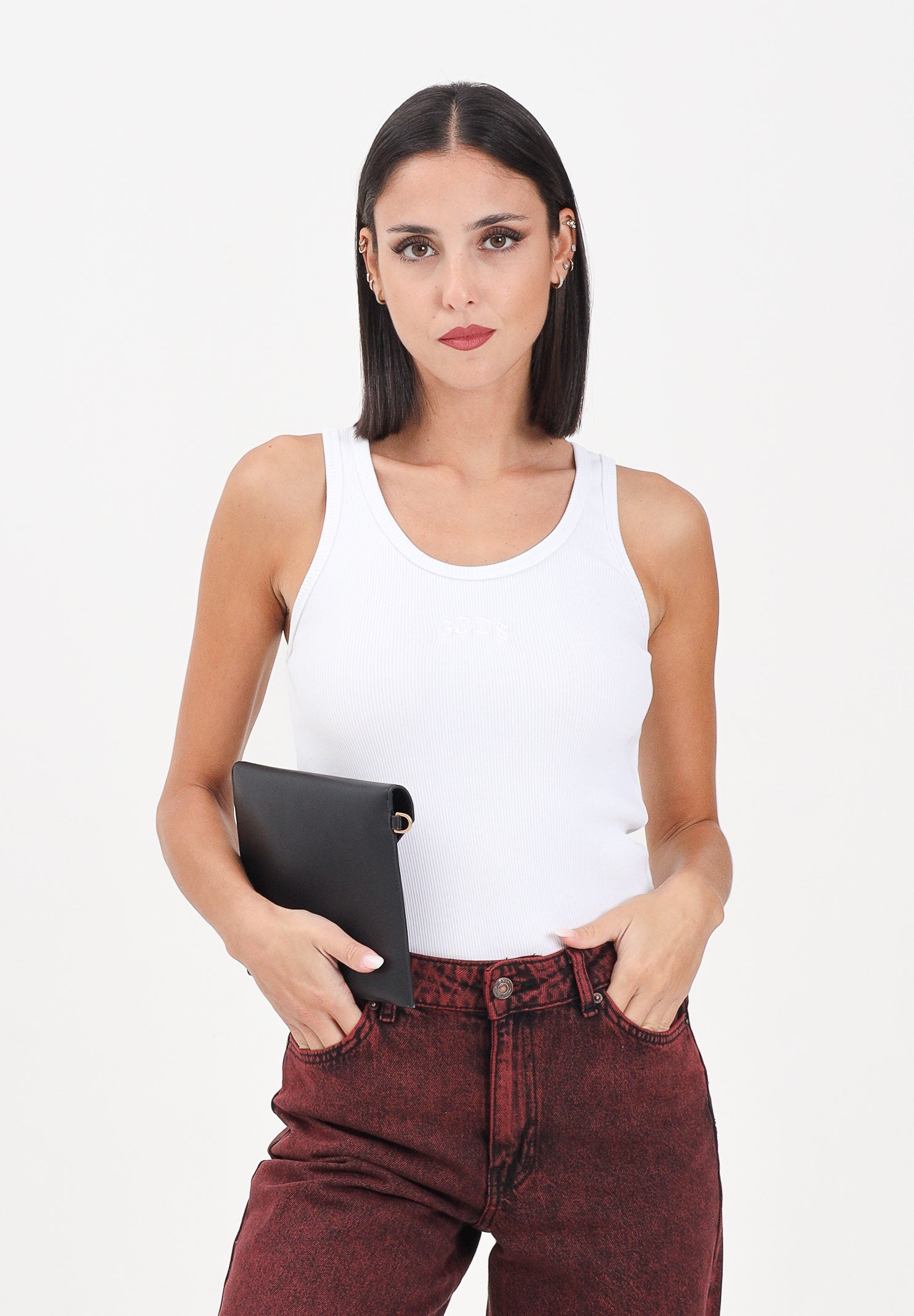 GCDS Canotta bianca da donna in cotone a costine con logo B2EW2801JA2 10 GCDS