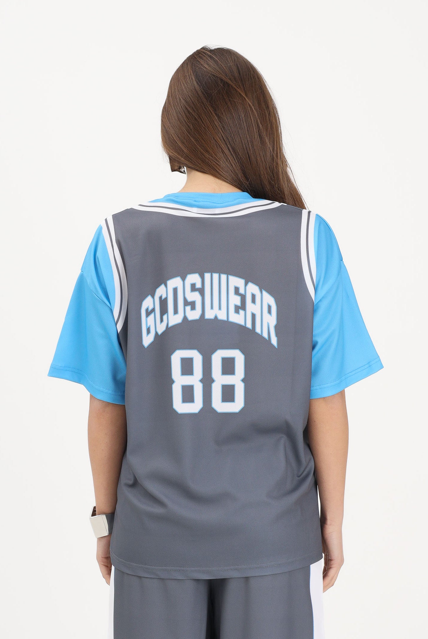 GCDS T-shirt a manica corta grigia e azzurra per donna, ragazzi e bambini con stampa C1BJQC706J338 955E GCDS