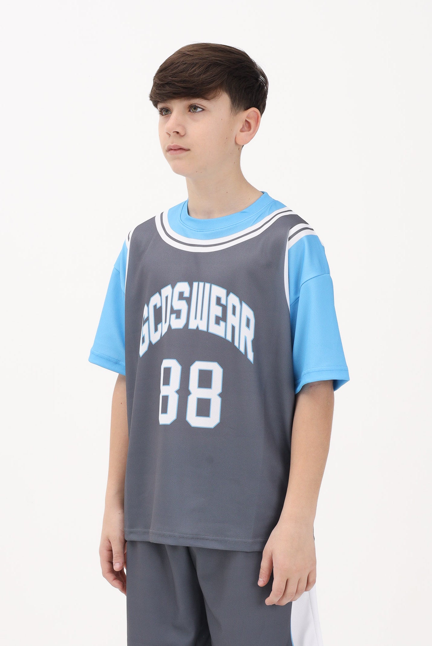 GCDS T-shirt a manica corta grigia e azzurra per donna, ragazzi e bambini con stampa C1BJQC706J338 955E GCDS