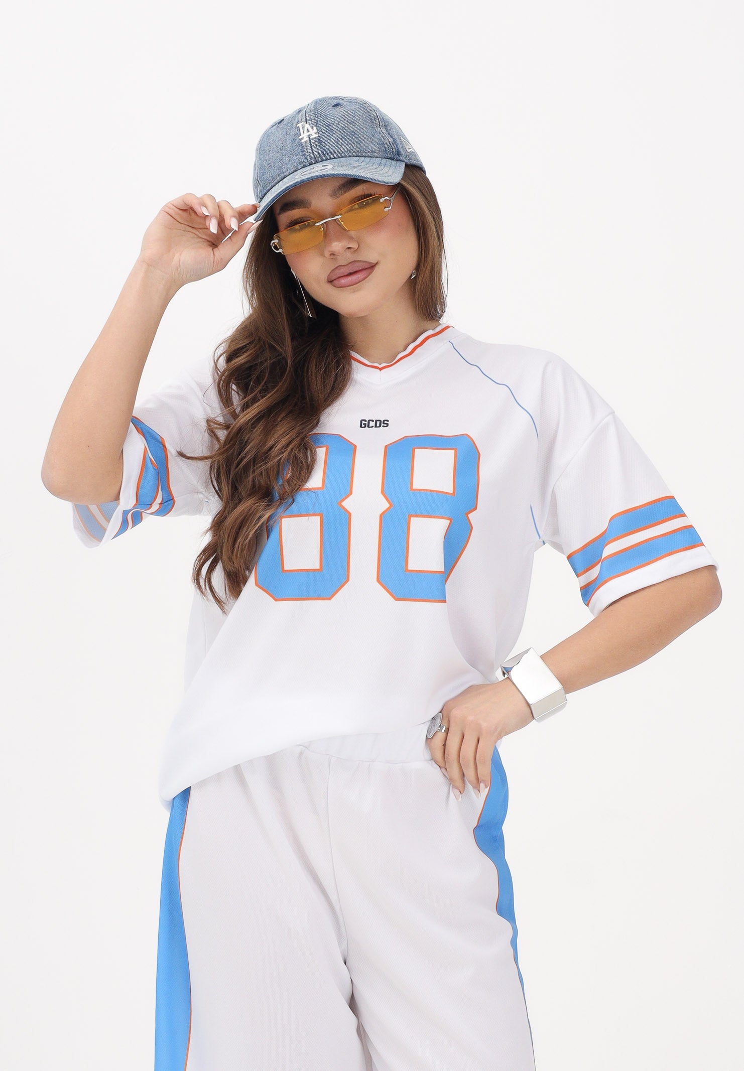 GCDS T-shirt a manica corta bianca per donna, ragazzi e bambini stile college C1BJQC709J338 100E GCDS