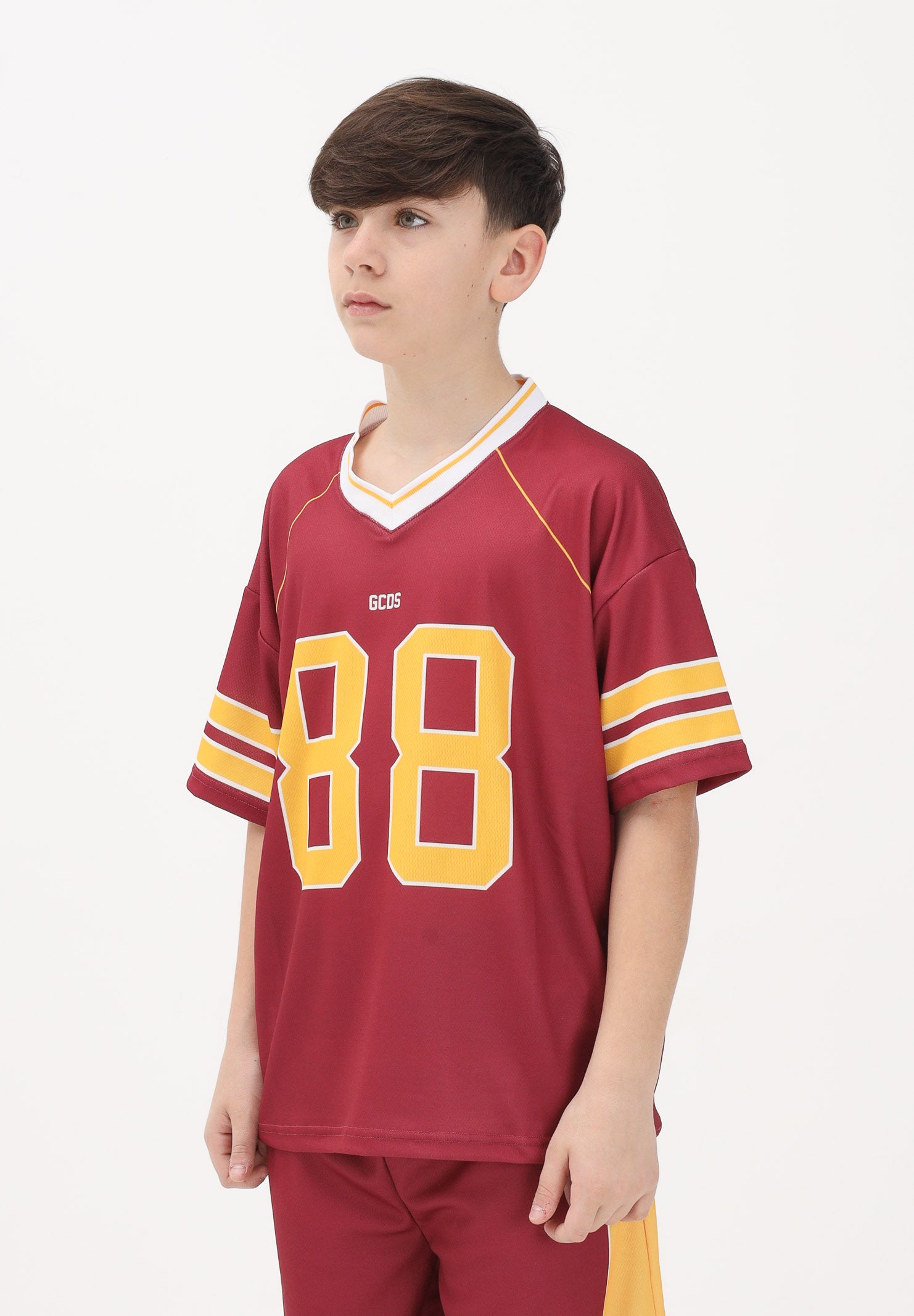 GCDS T-shirt a manica corta bordeaux per donna, ragazzi e bambini stile college C1BJQC709J338 468Y GCDS