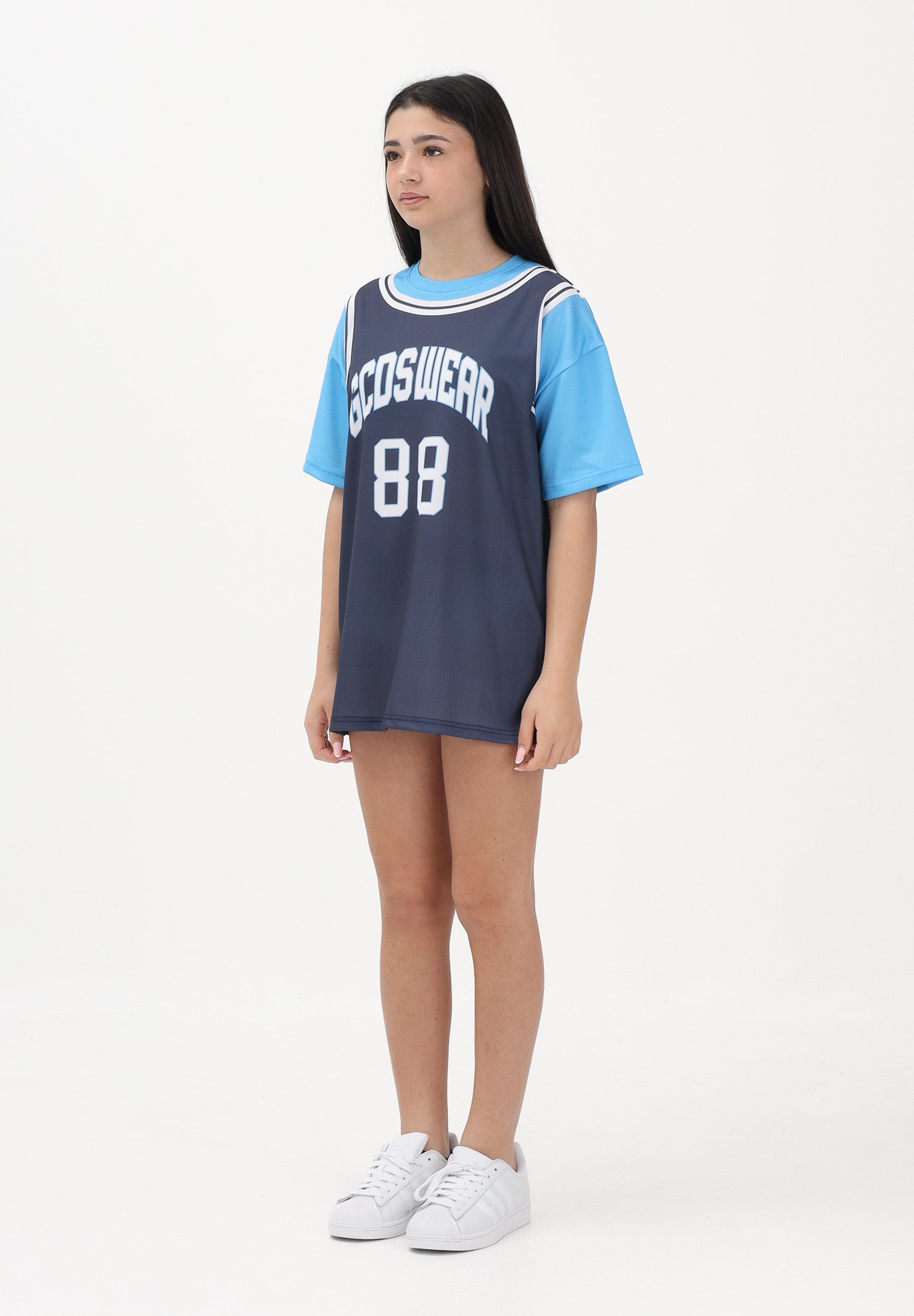 GCDS Abito corto blu e azzurro per donna, ragazze e bambine con stampa C1GJQB708J338 782E GCDS