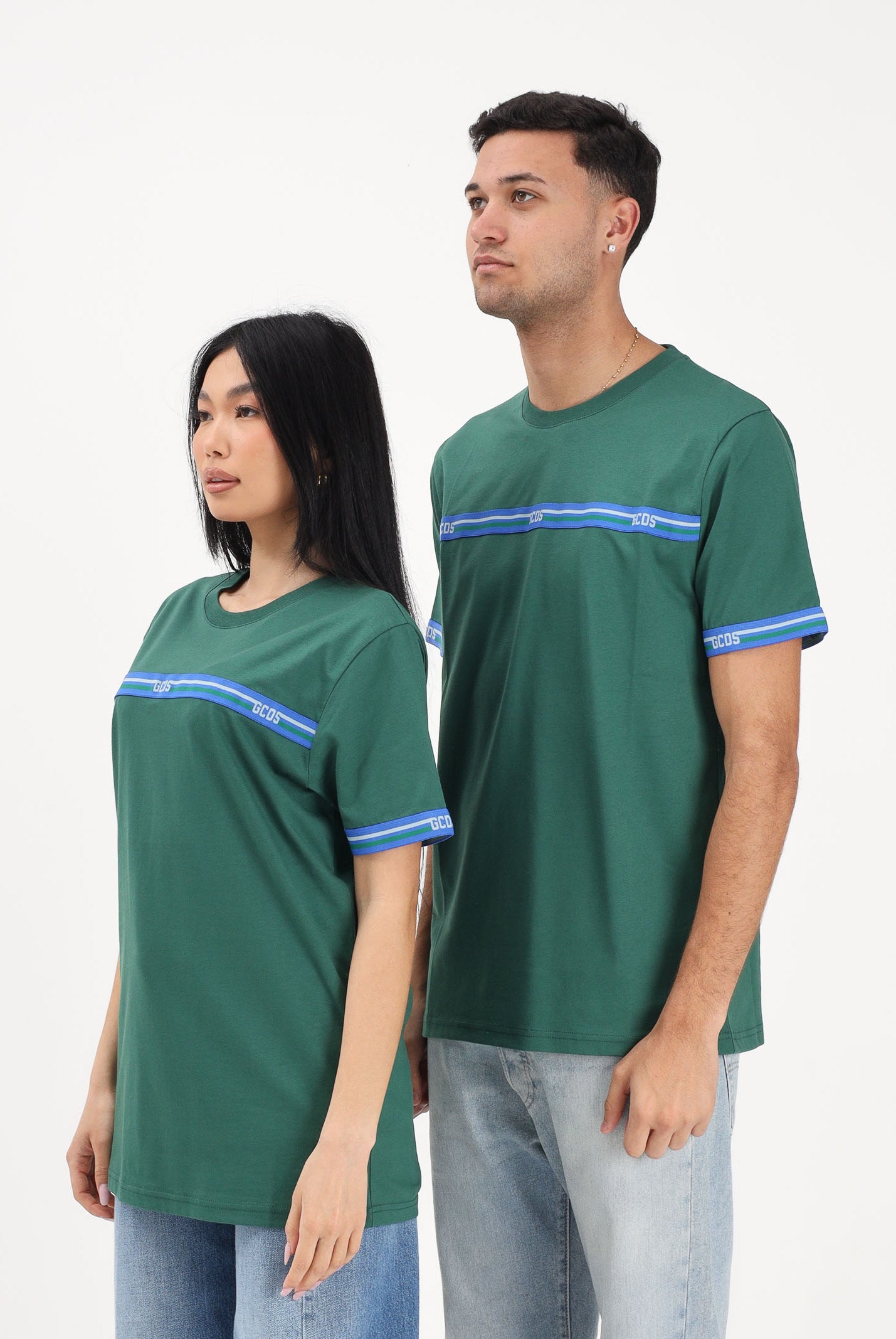 GCDS T-shirt a manica corta verde per uomo e donna con bande logate C1MEQC036J101 883E GCDS