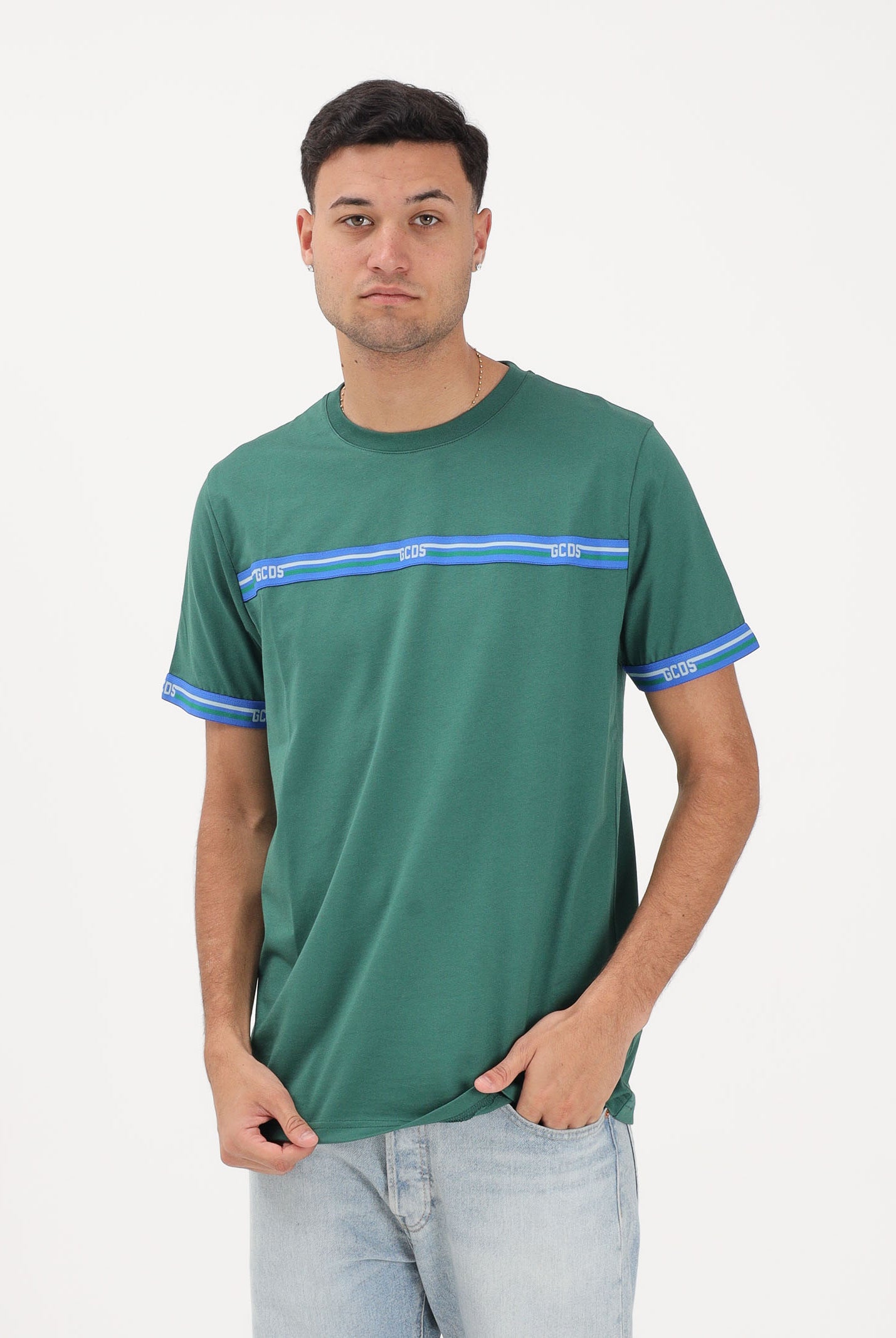 GCDS T-shirt a manica corta verde per uomo e donna con bande logate C1MEQC036J101 883E GCDS