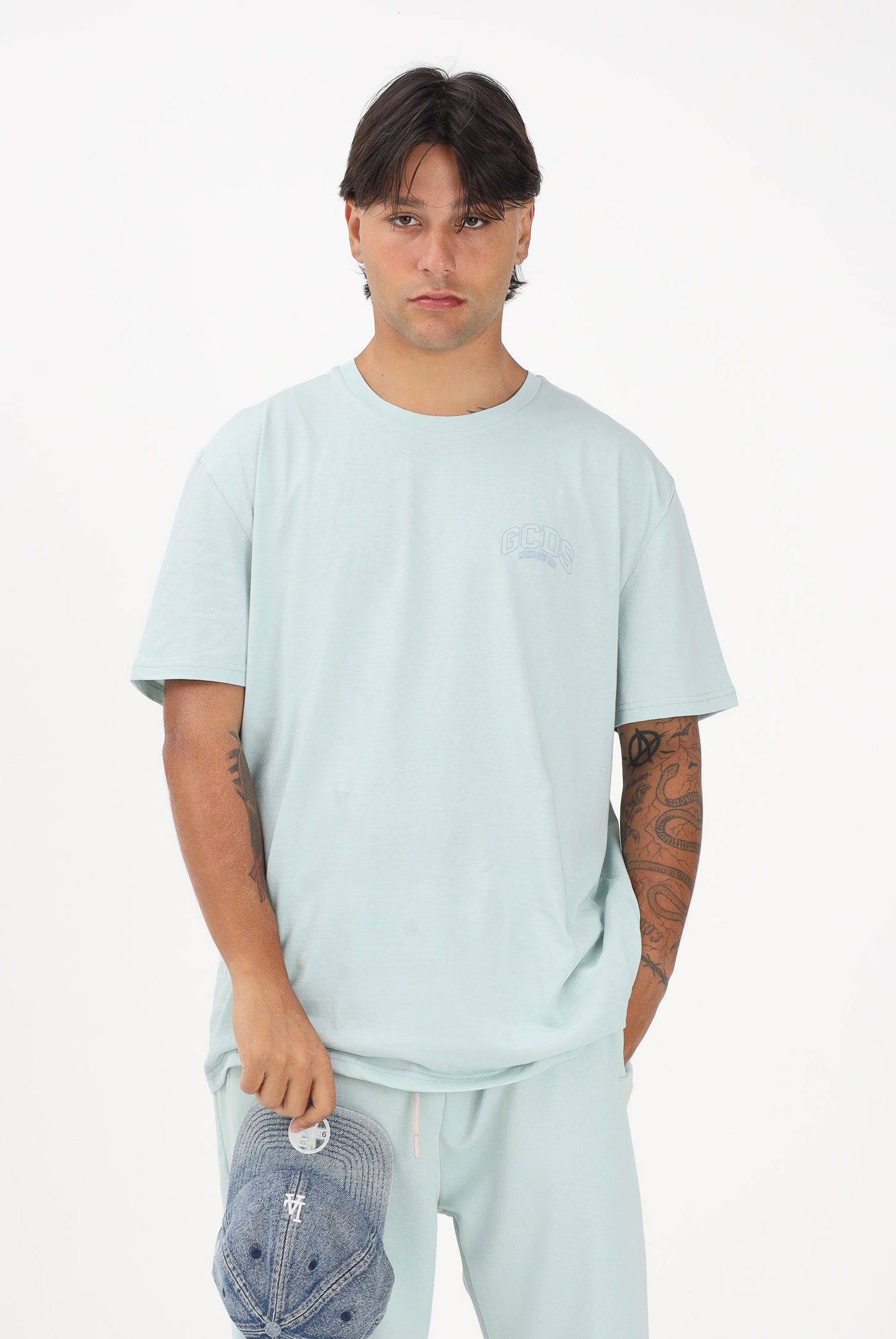 GCDS T-shirt a manica corta verde acqua per uomo e donna con stampa logo C1MEQC041J104 818G GCDS