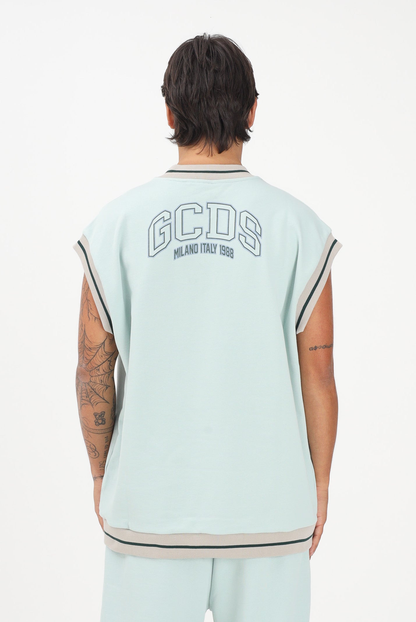 GCDS Felpa gilet verde acqua per uomo e donna con stampa maxi sul retro C1MEQE119F004 818G GCDS