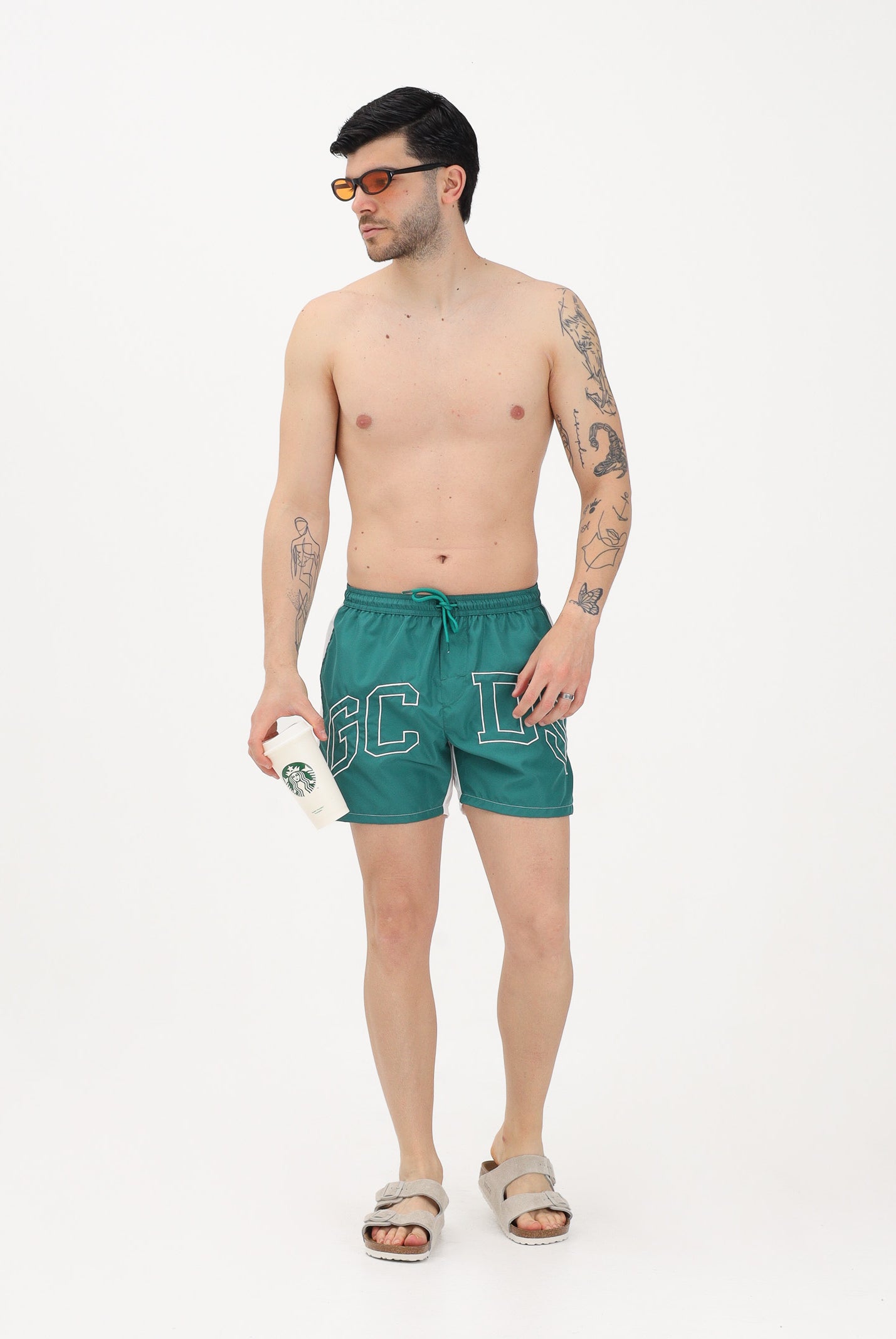 GCDS Shorts mare verde e bianco da uomo con logo C1MEQS249T016 883A GCDS