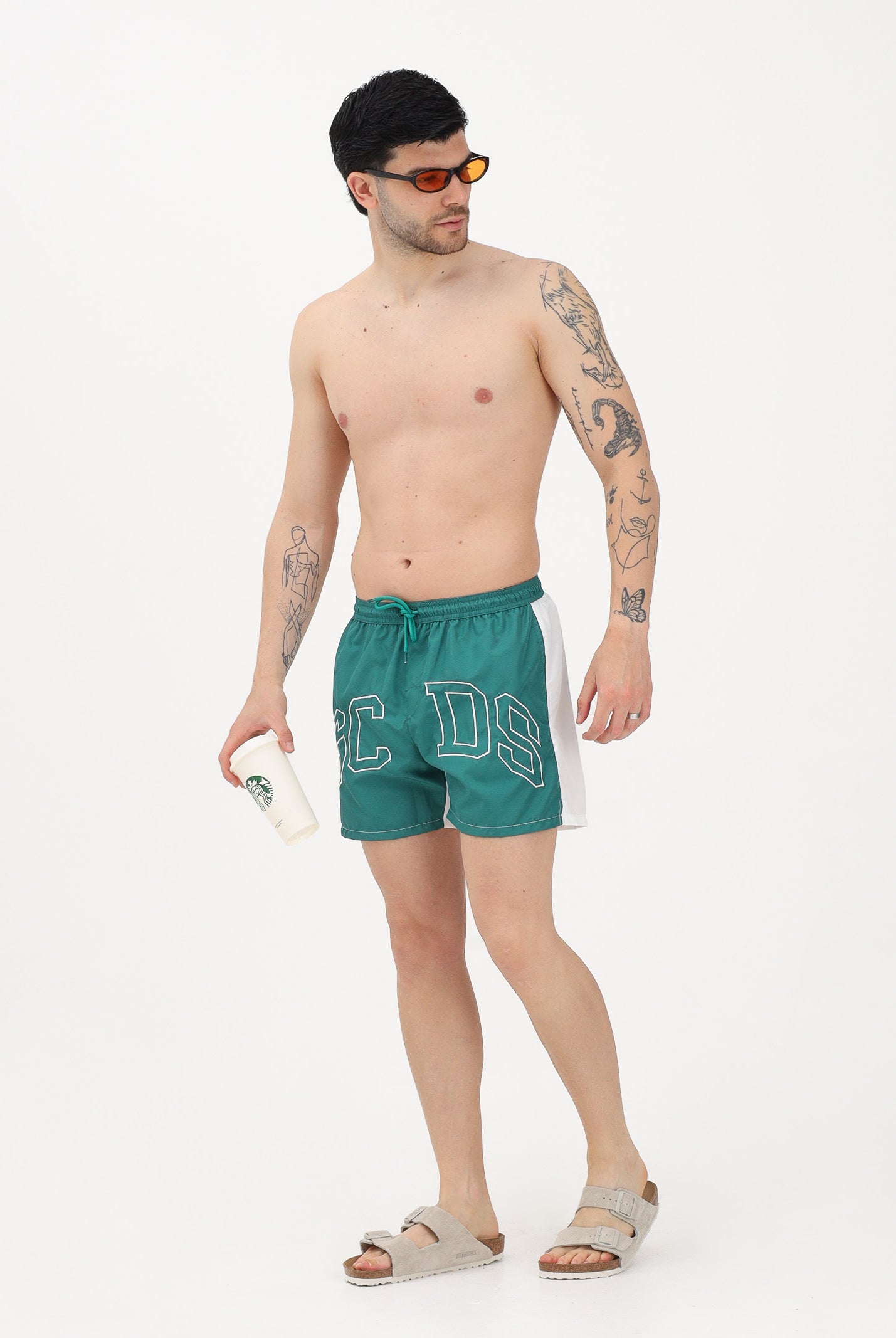 GCDS Shorts mare verde e bianco da uomo con logo C1MEQS249T016 883A GCDS