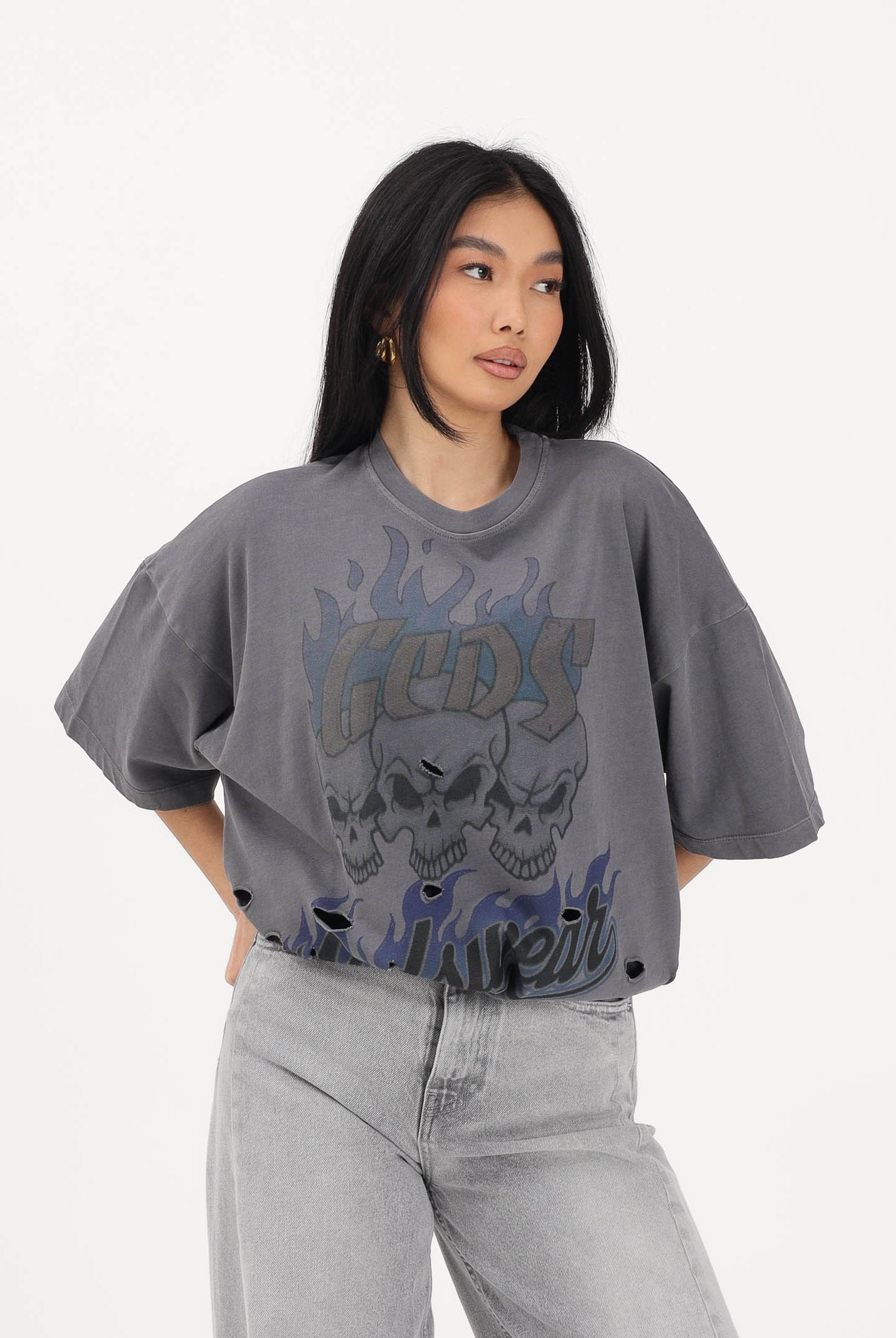 GCDS T-shirt a manica corta grigia per uomo e donna con stampa C1MWQC058J079 968L GCDS