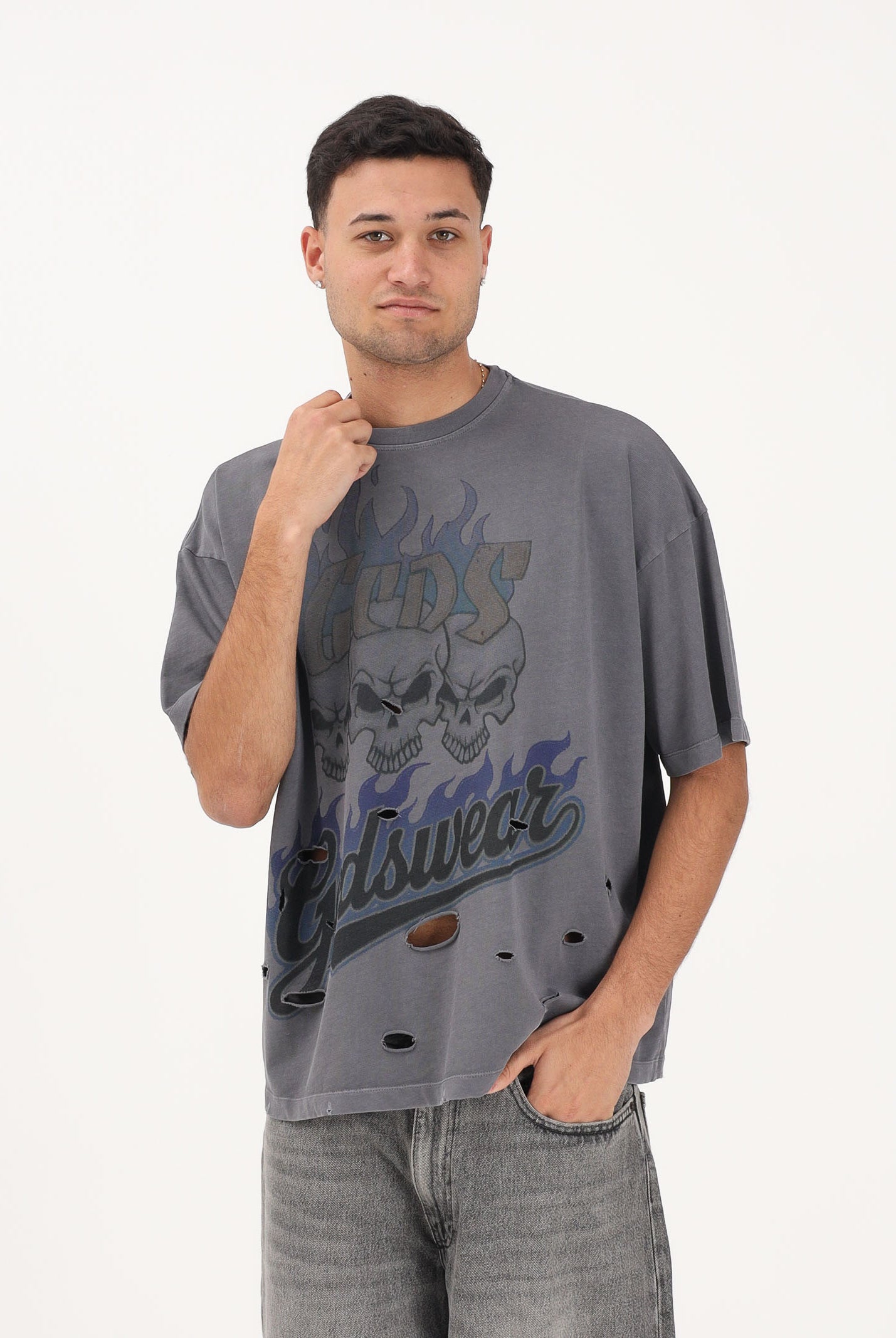 GCDS T-shirt a manica corta grigia per uomo e donna con stampa C1MWQC058J079 968L GCDS