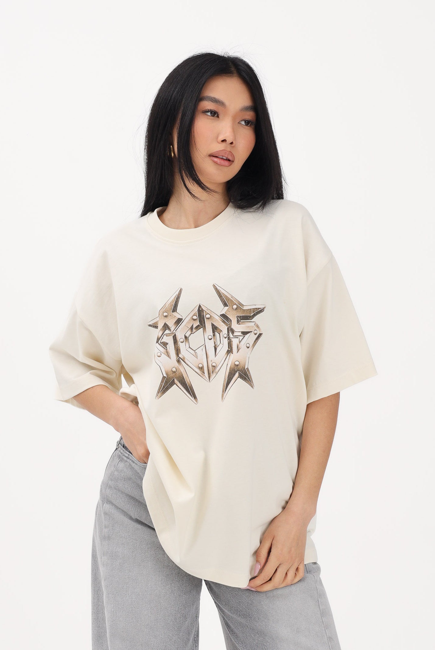 GCDS T-shirt a manica corta beige per uomo e donna con stampa logo C1MWQC061J079 320T GCDS