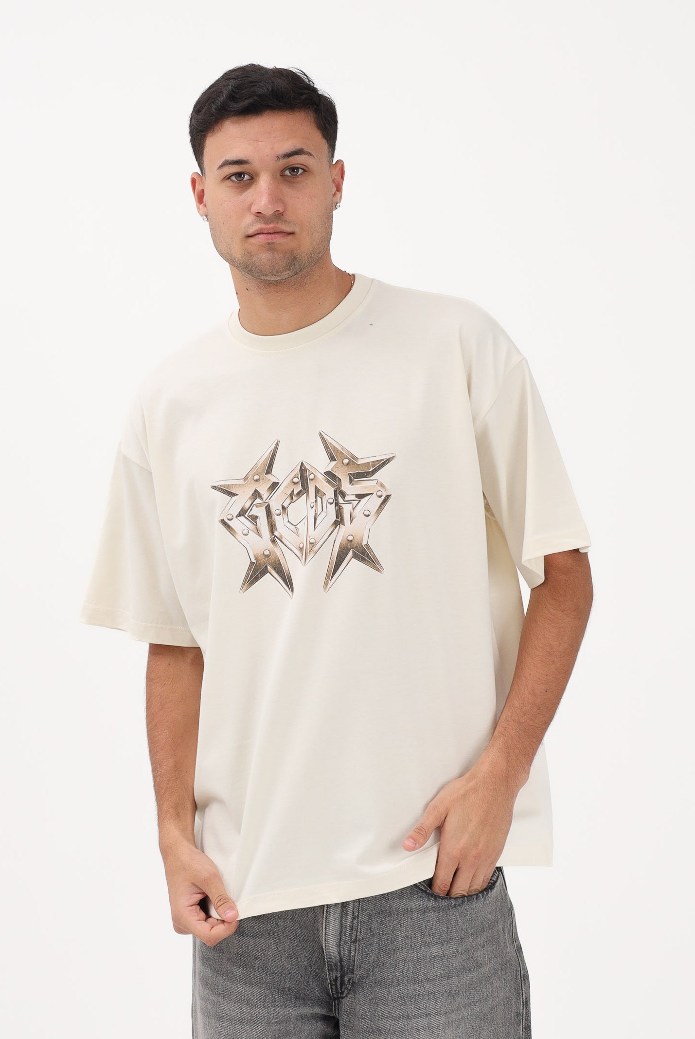 GCDS T-shirt a manica corta beige per uomo e donna con stampa logo C1MWQC061J079 320T GCDS