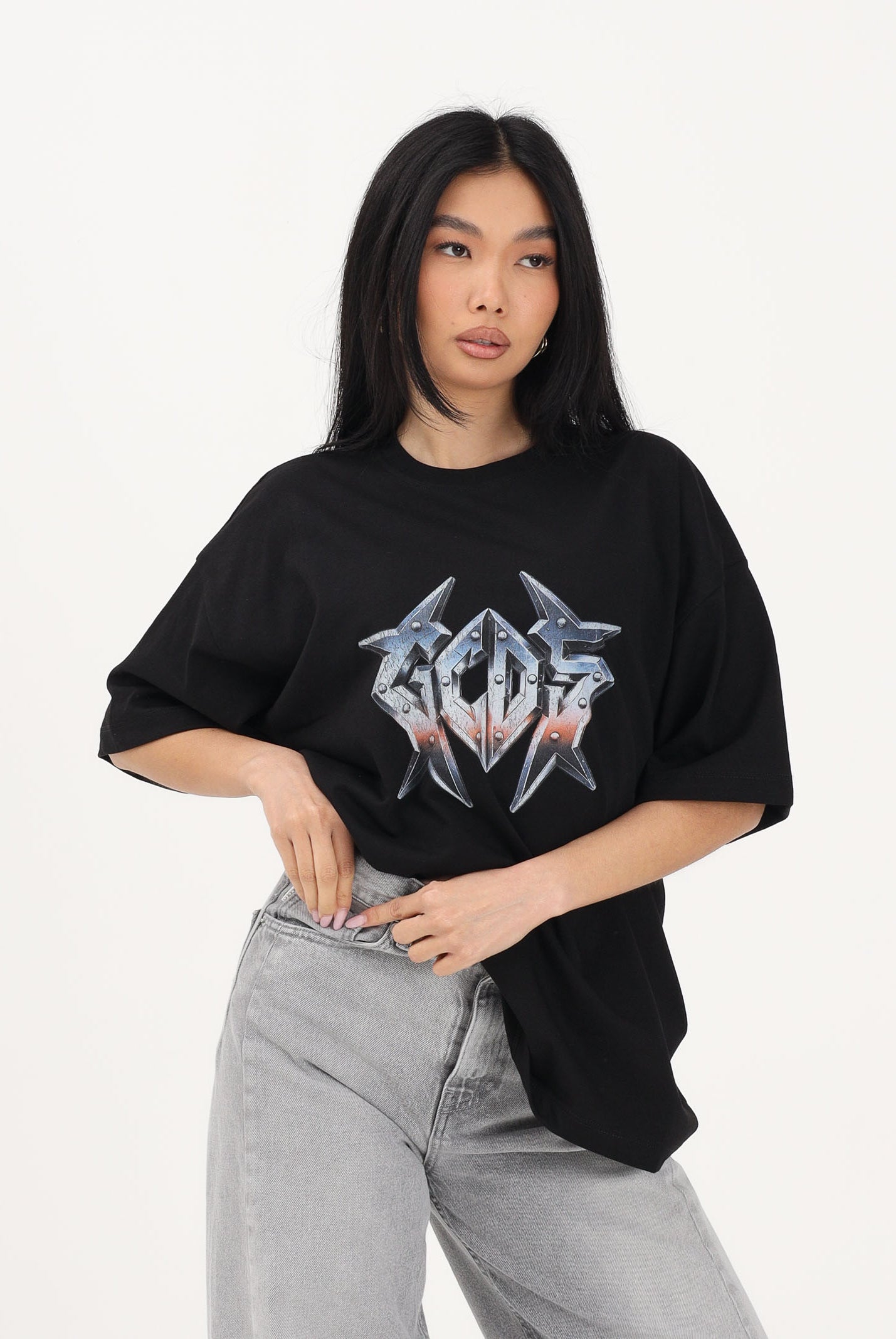 GCDS T-shirt a manica corta nera per uomo e donna con stampa logo C1MWQC061J079 999E GCDS