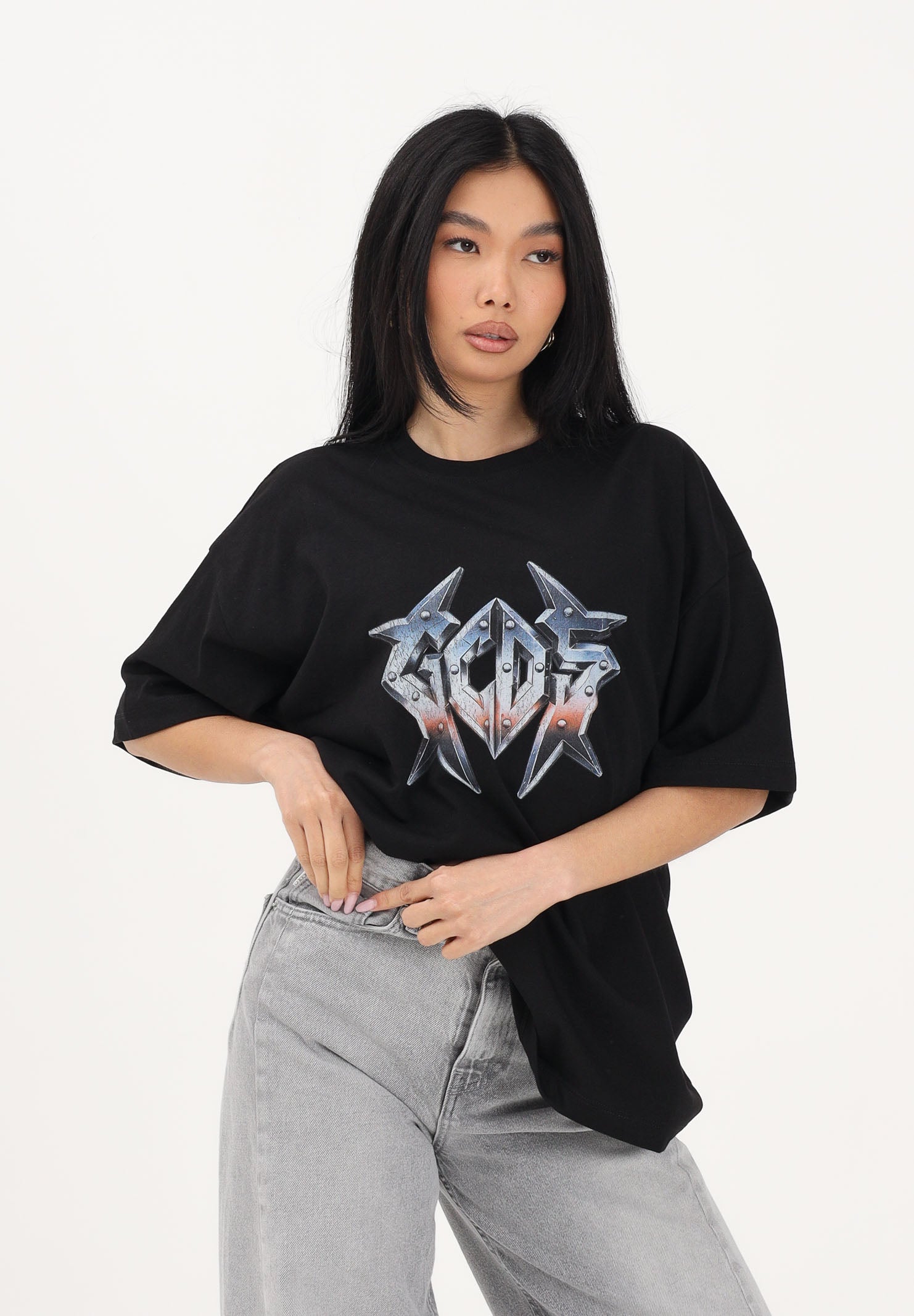 GCDS T-shirt a manica corta nera per uomo e donna con stampa logo C1MWQC061J079 999E GCDS