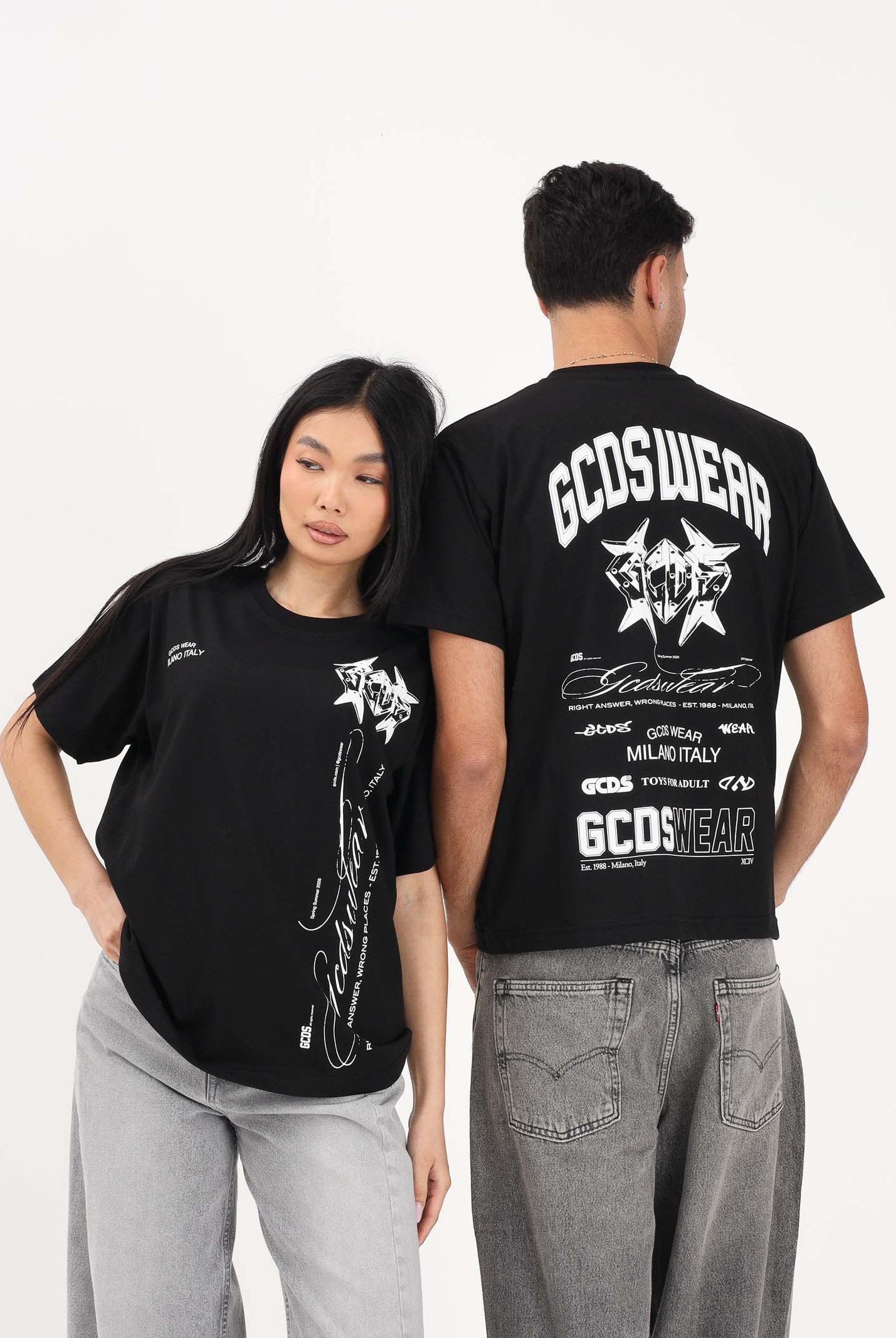 GCDS T-shirt a manica corta nera per uomo e donna con stampa C1MWQC070J079 999A GCDS
