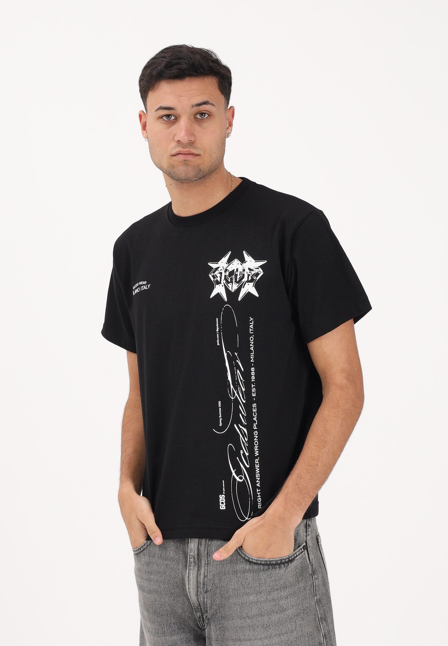 GCDS T-shirt a manica corta nera per uomo e donna con stampa C1MWQC070J079 999A GCDS
