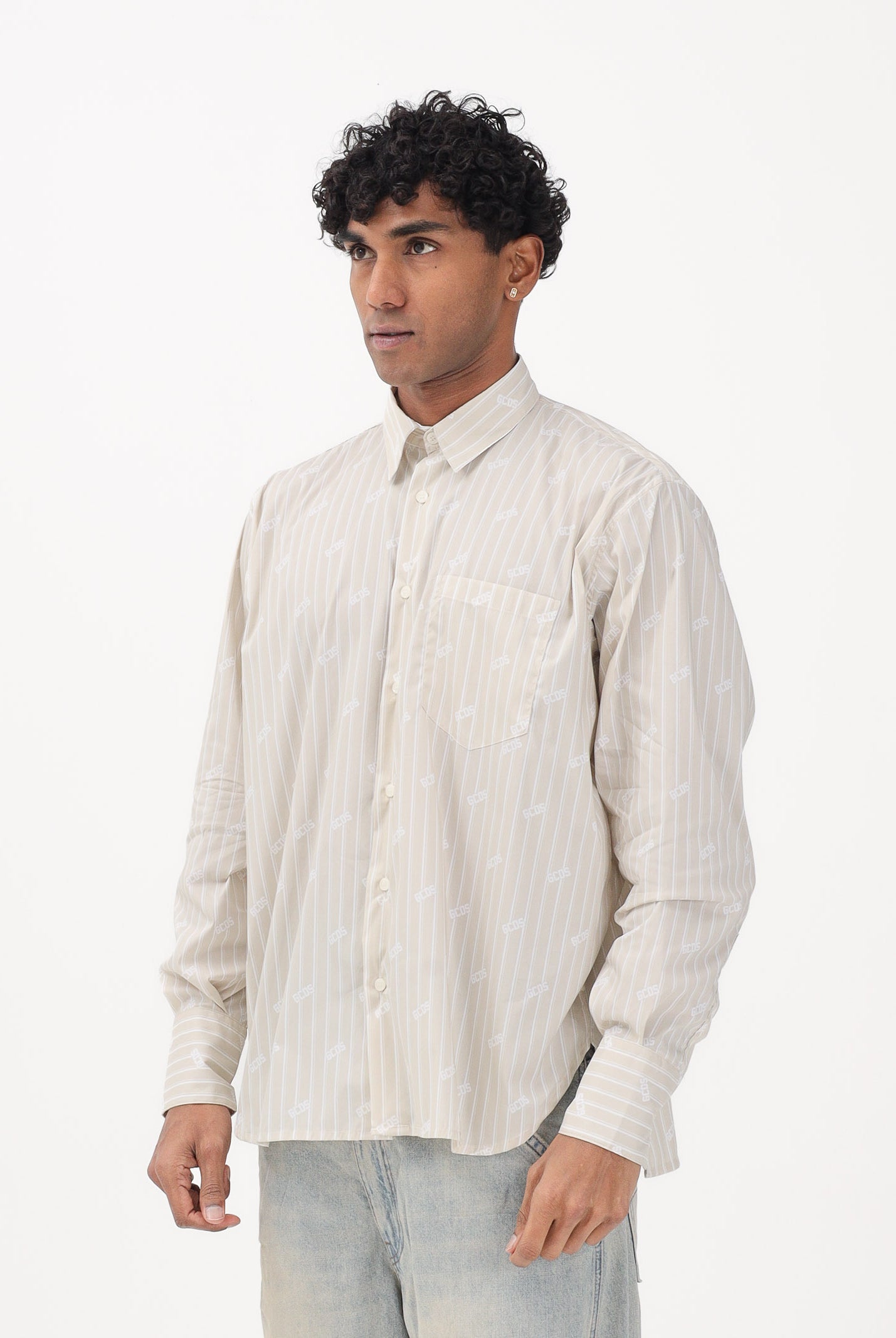 GCDS Camicia a manica lunga beige da uomo con logo C1MWQH166B061 320U GCDS