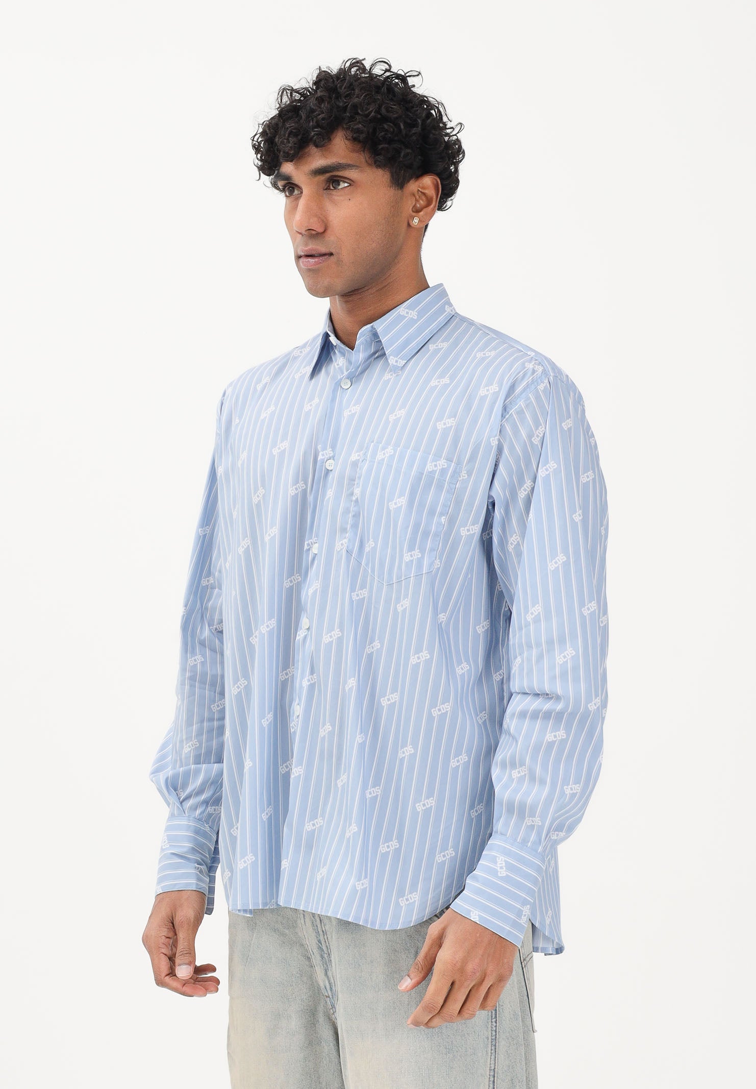 GCDS Camicia a manica lunga azzurra da uomo con logo C1MWQH166B061 733A GCDS