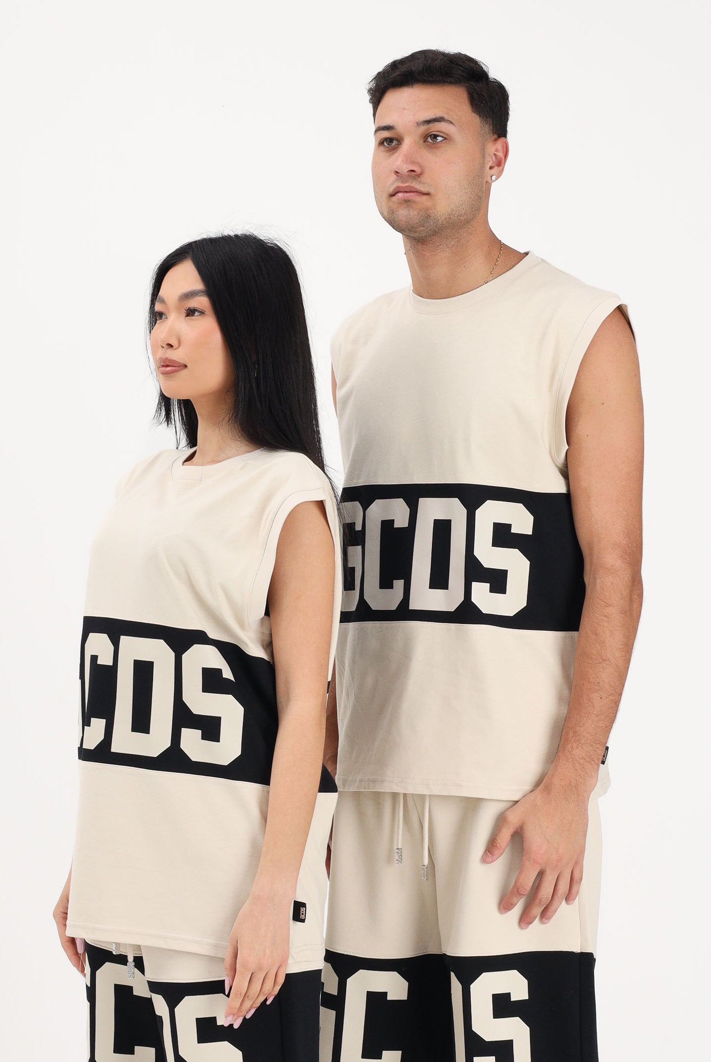 GCDS Canotta beige per uomo e donna con stampa logo Z0MLQC104J101 316B GCDS