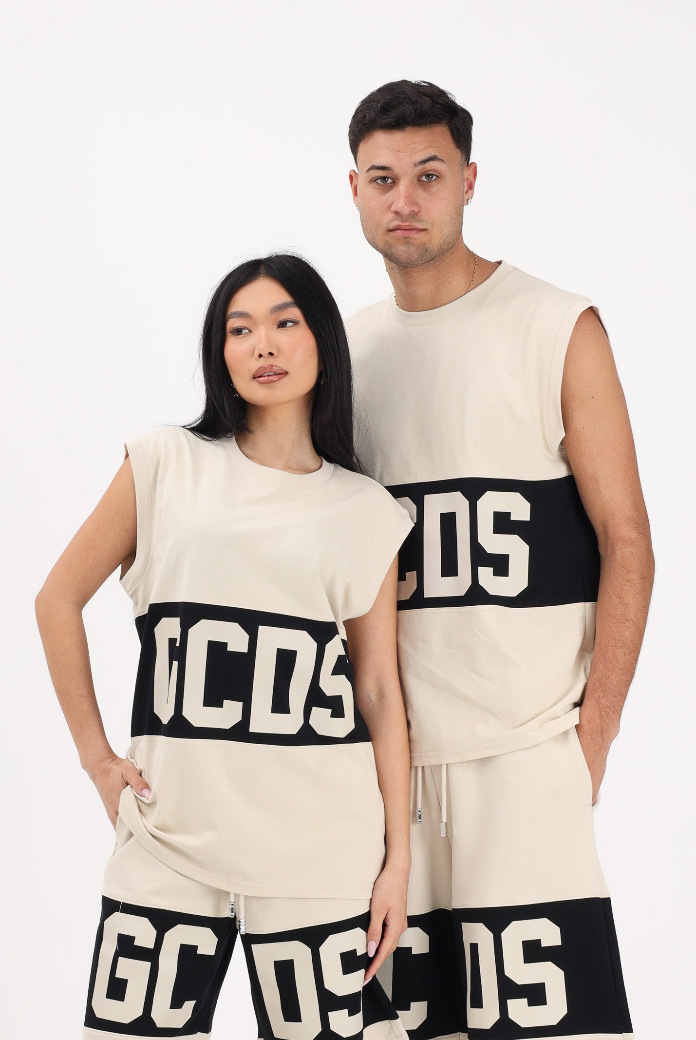 GCDS Canotta beige per uomo e donna con stampa logo Z0MLQC104J101 316B GCDS