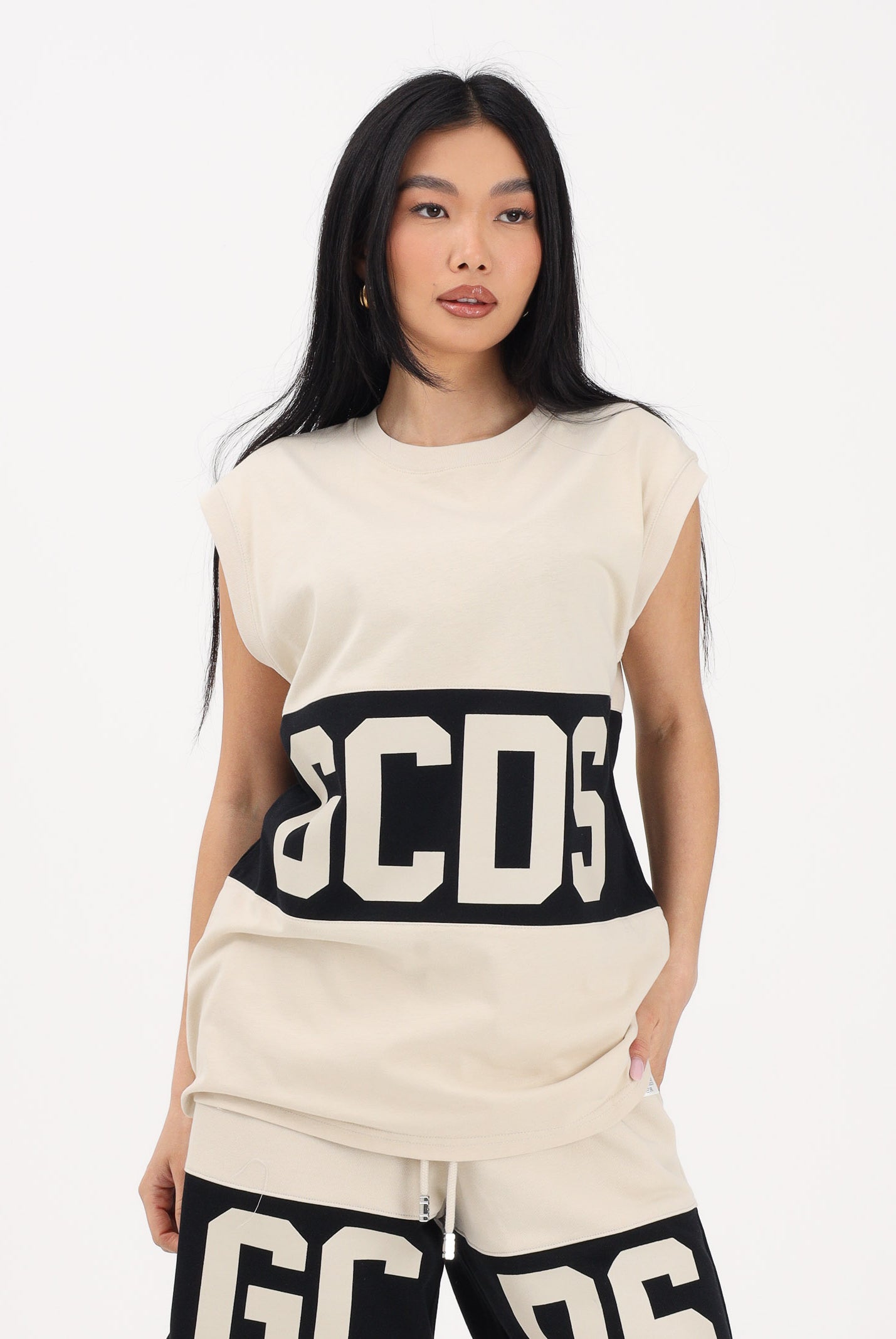 GCDS Canotta beige per uomo e donna con stampa logo Z0MLQC104J101 316B GCDS