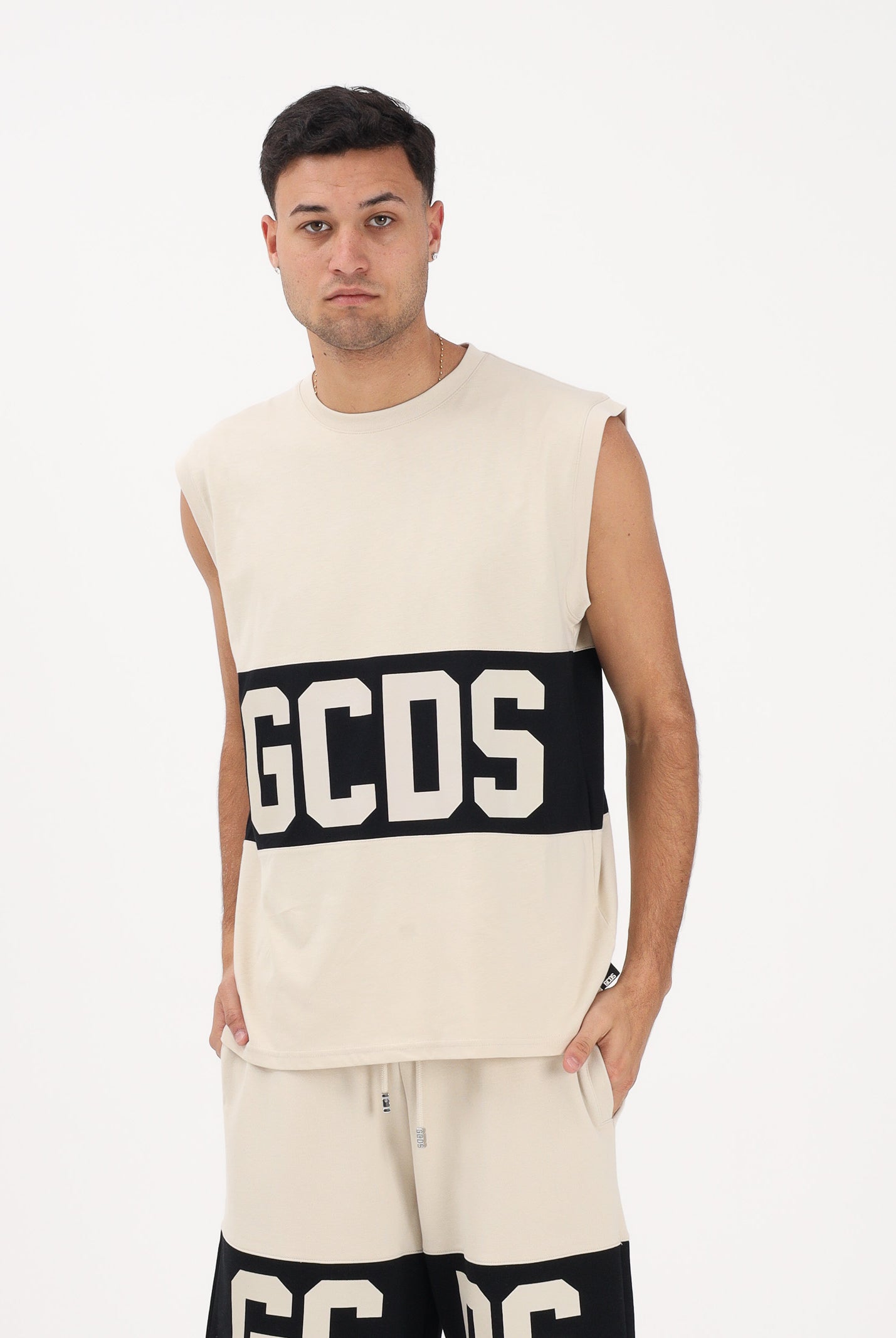 GCDS Canotta beige per uomo e donna con stampa logo Z0MLQC104J101 316B GCDS