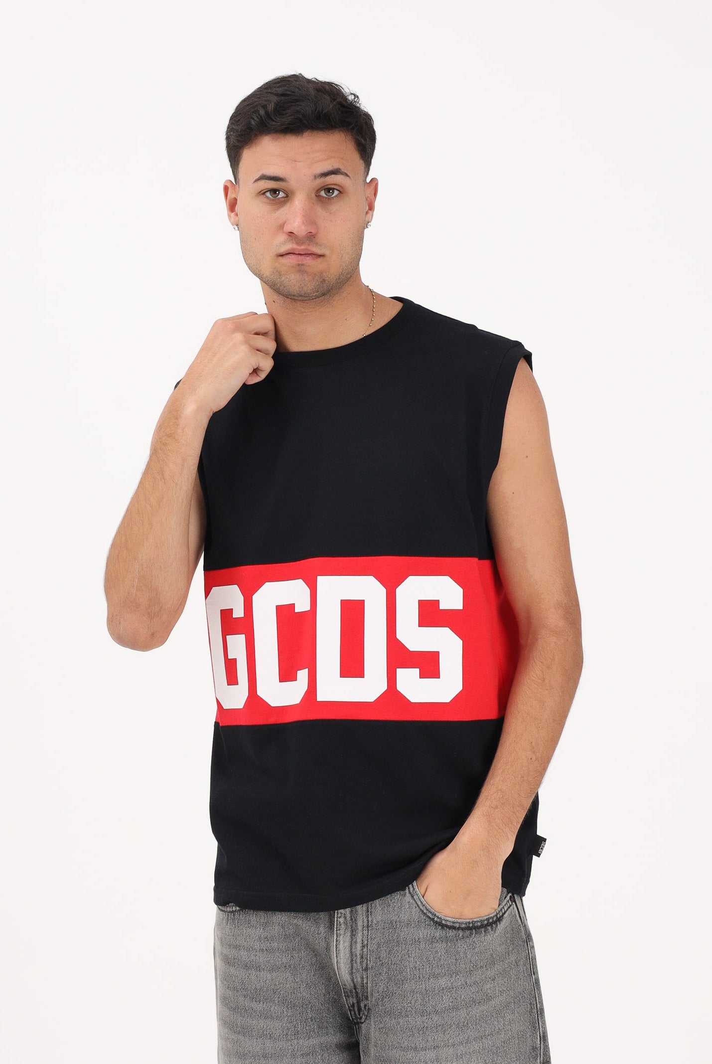 GCDS Canotta nera per uomo e donna con stampa logo Z0MLQC104J101 999R GCDS