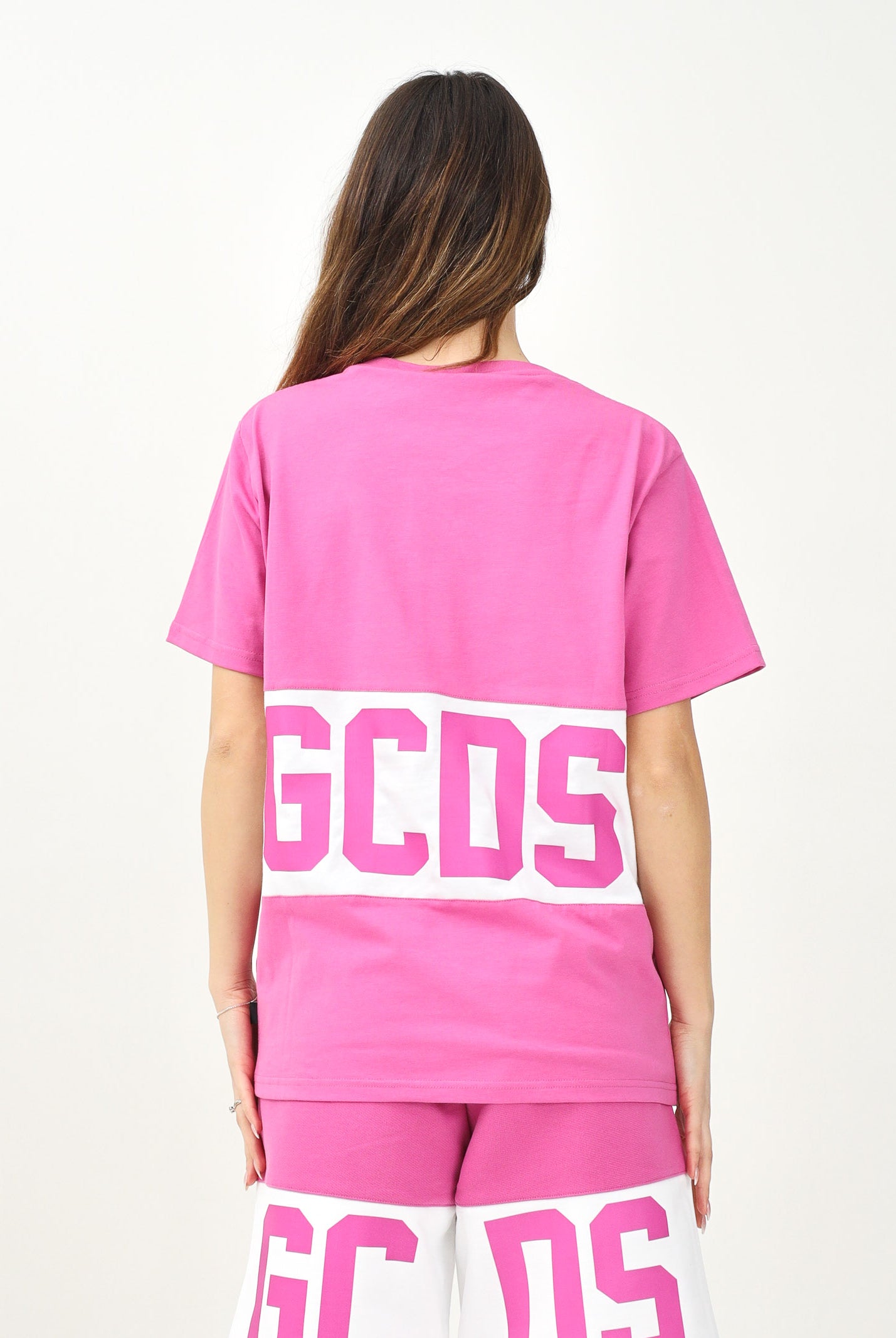 GCDS T-shirt a manica corta fucsia per uomo e donna con logo Z0MLQC140J101 575A GCDS