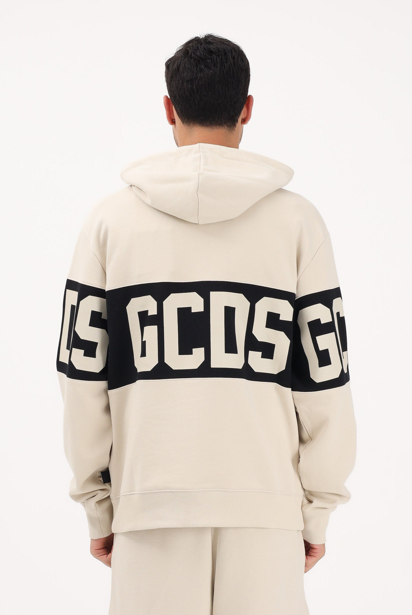 GCDS Felpa con cappuccio beige per uomo e donna caratterizzata da banda a contrasto e logo Z0MLQE138F004 316B GCDS