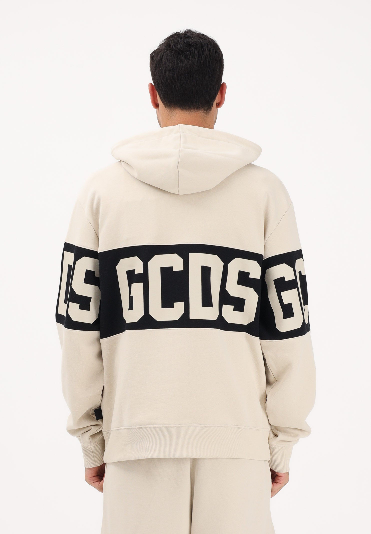 GCDS Felpa con cappuccio beige per uomo e donna caratterizzata da banda a contrasto e logo Z0MLQE138F004 316B GCDS