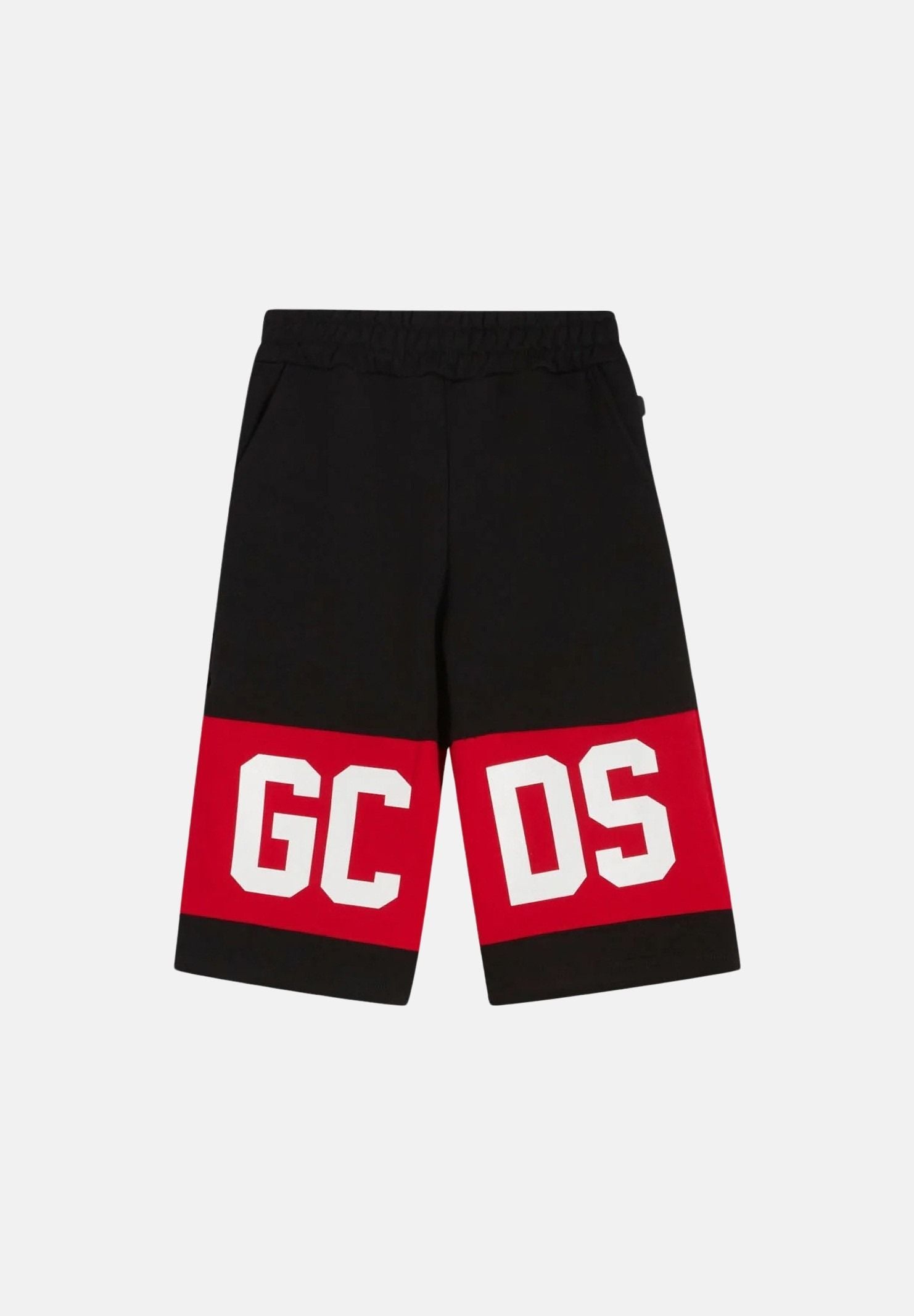GCDS Shorts nero per bambino e bambina con banda rossa e logo Z0UKQL589F004 999R GCDS
