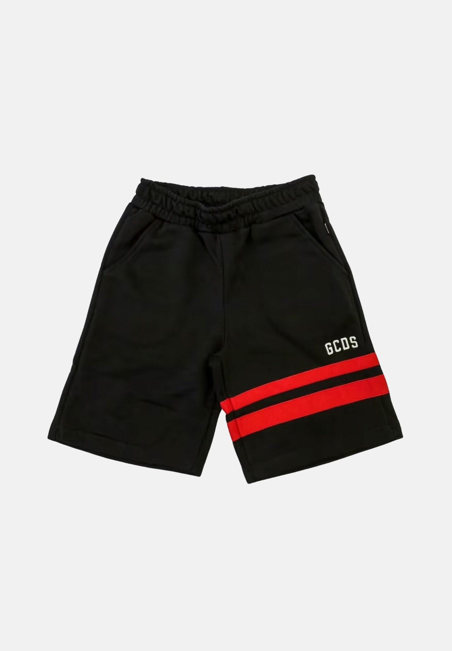 GCDS Shorts sportivo nero per bambino e bambina con logo e bande rosse Z0UKQL594F004 999R GCDS