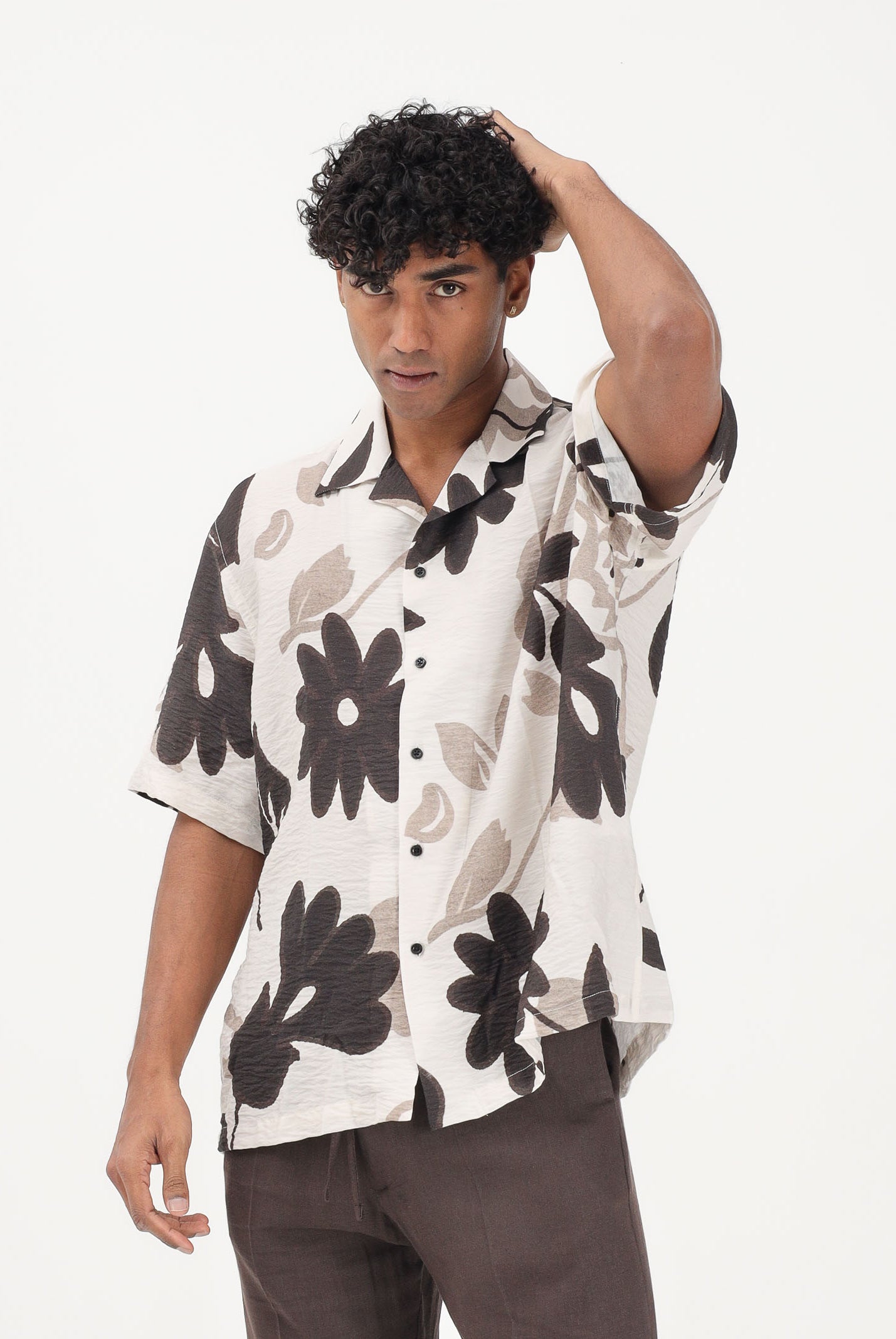 I'M BRIAN Camicia a manica corta bianca da uomo con stampa floreale CA3615 0028 I'M BRIAN