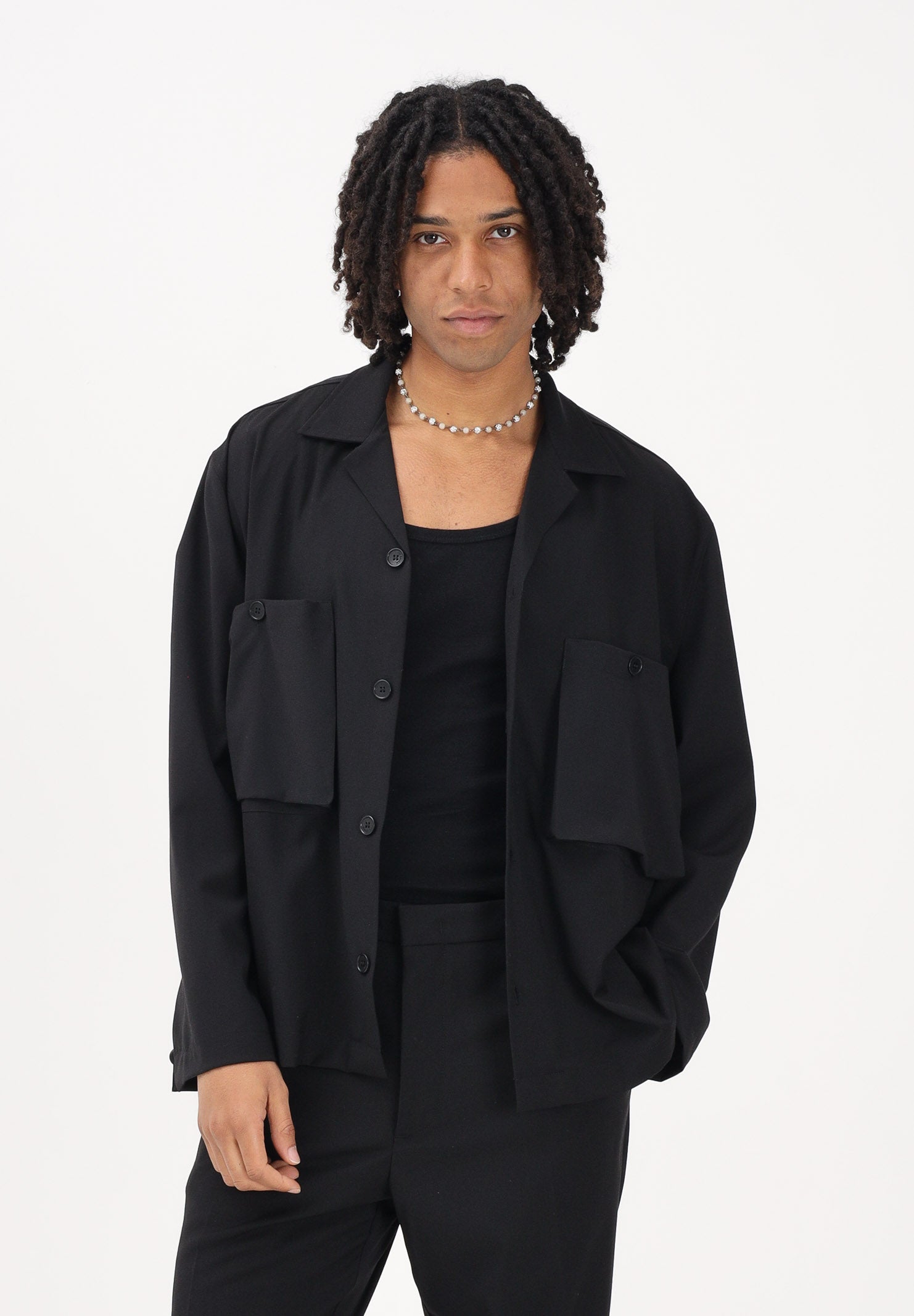 I'M BRIAN Camicia a manica lunga nera da uomo con tasche cargo CA3625 009 I'M BRIAN