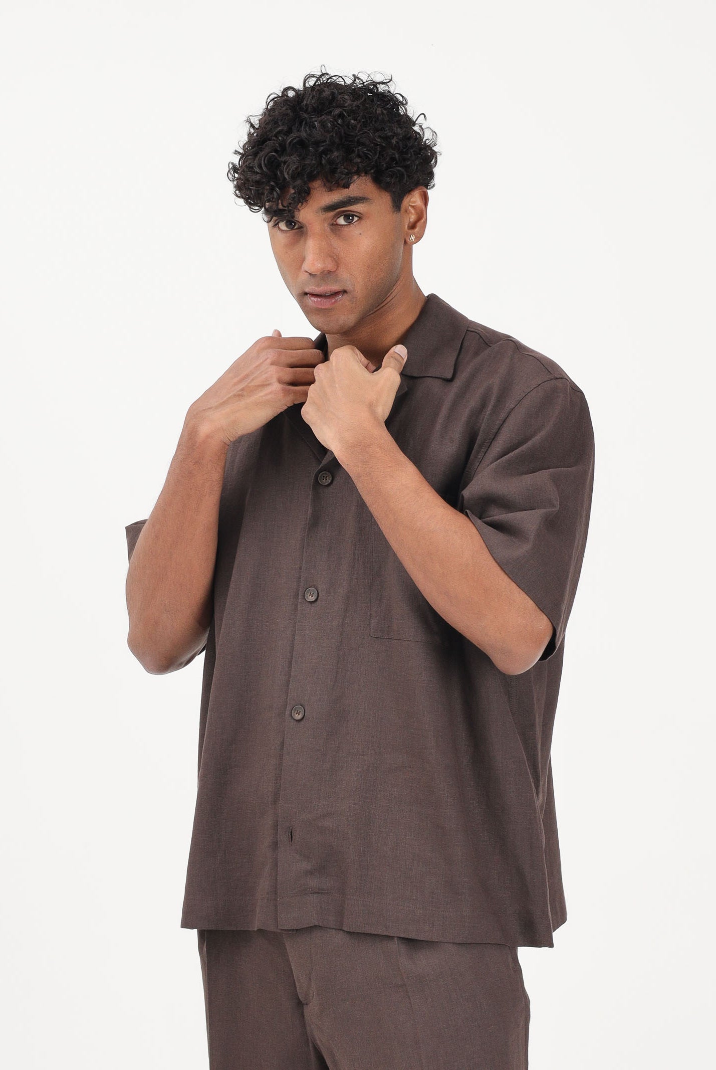 I'M BRIAN Camicia a manica corta in lino marrone da uomo CA3637 020 I'M BRIAN
