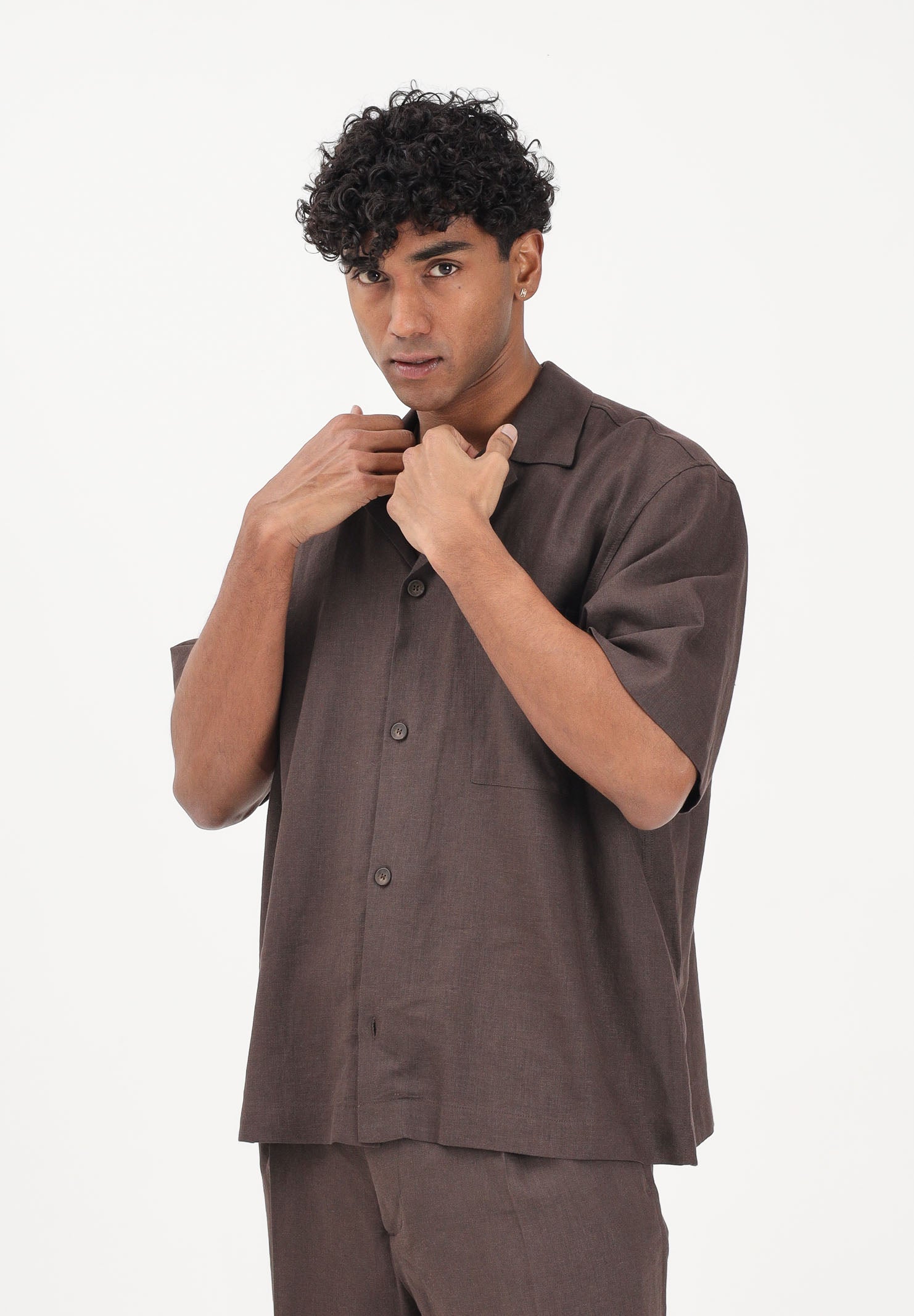 I'M BRIAN Camicia a manica corta in lino marrone da uomo CA3637 020 I'M BRIAN