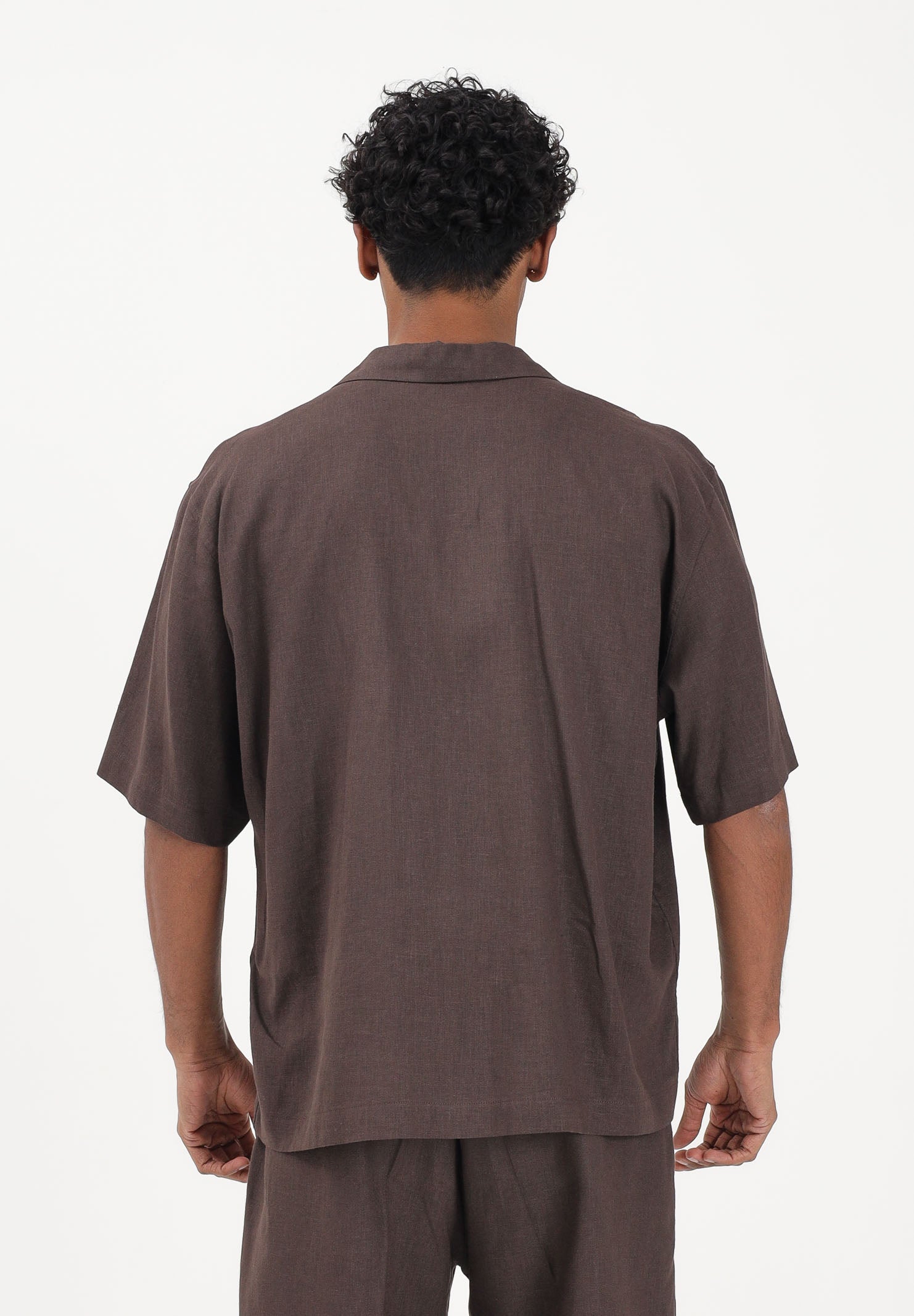 I'M BRIAN Camicia a manica corta in lino marrone da uomo CA3637 020 I'M BRIAN