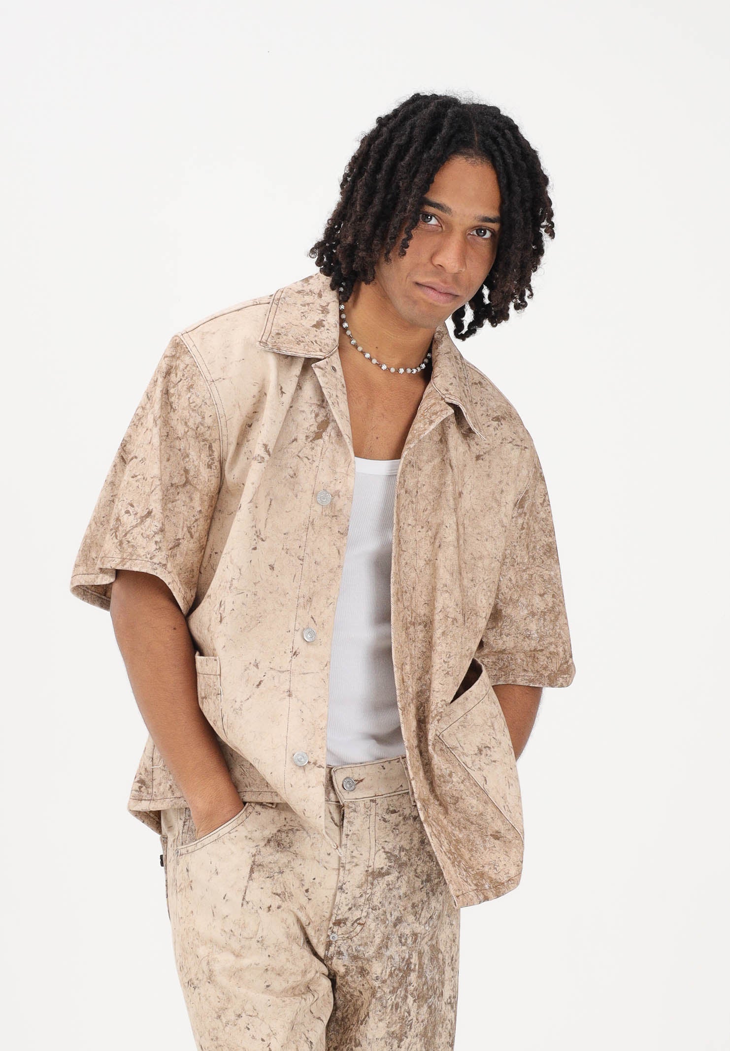 I'M BRIAN Camica a manica corta beige da uomo con stampa effetto marmorizzato CA3651 0025 I'M BRIAN