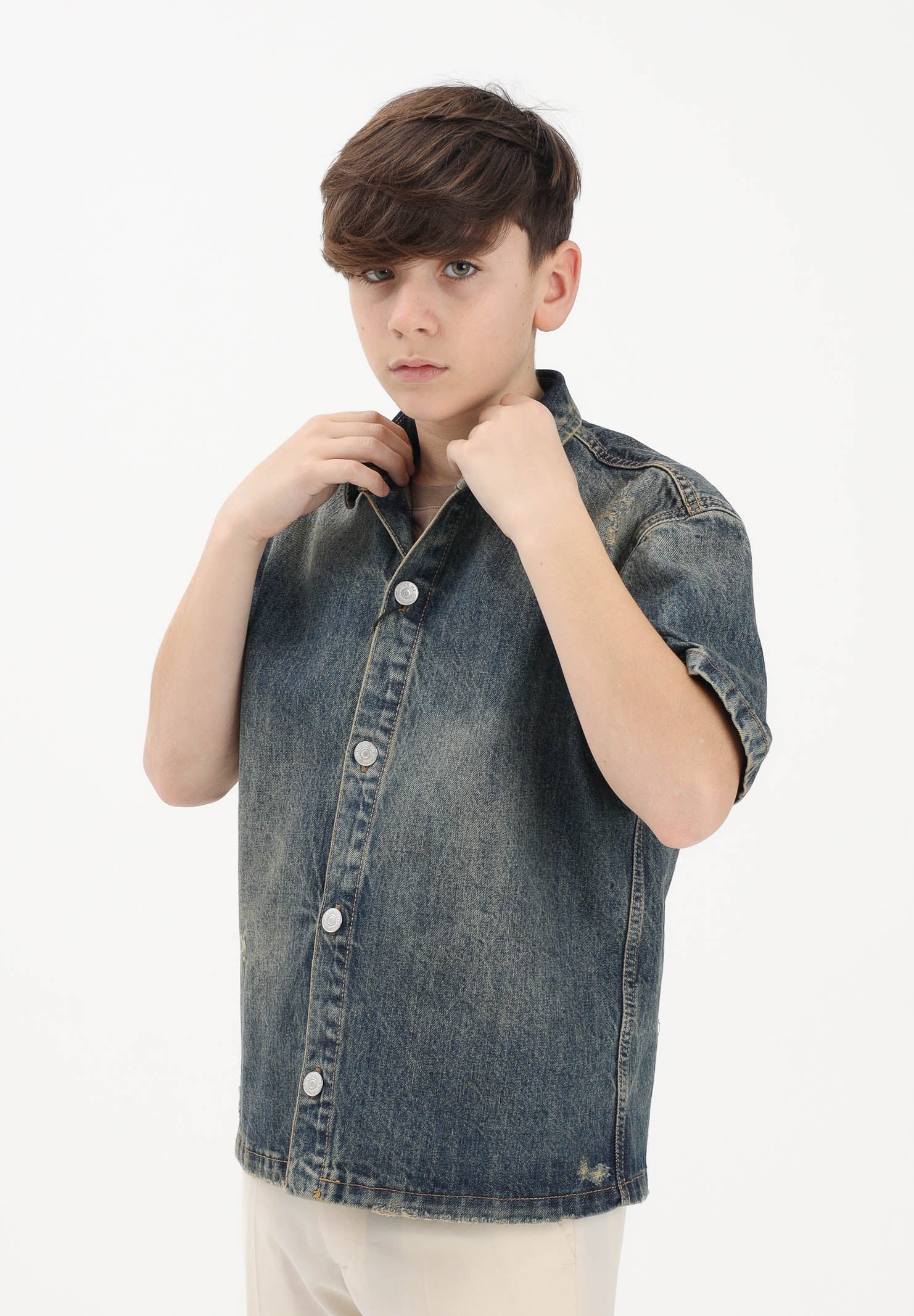 I'M BRIAN Camicia a manica corta in denim sabbiato da bambino CA3653J 0028 I'M BRIAN