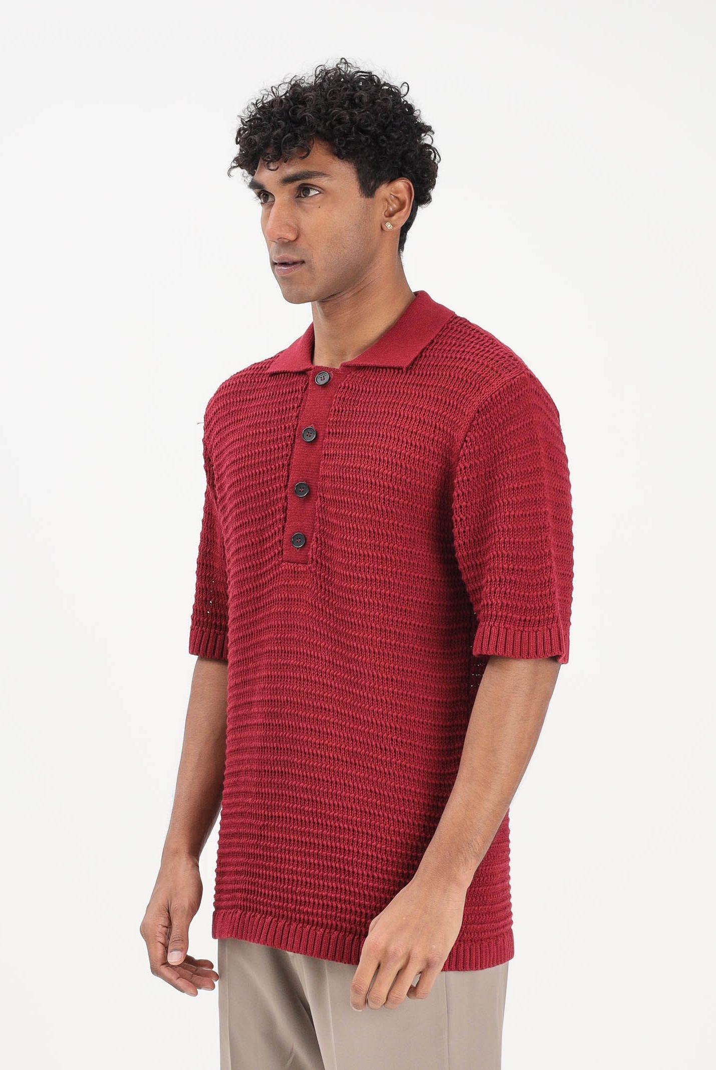 I'M BIRAN Polo bordeaux da uomo in tessuto lavorato a maglia traforata MA3604 0029 I'M BRIAN