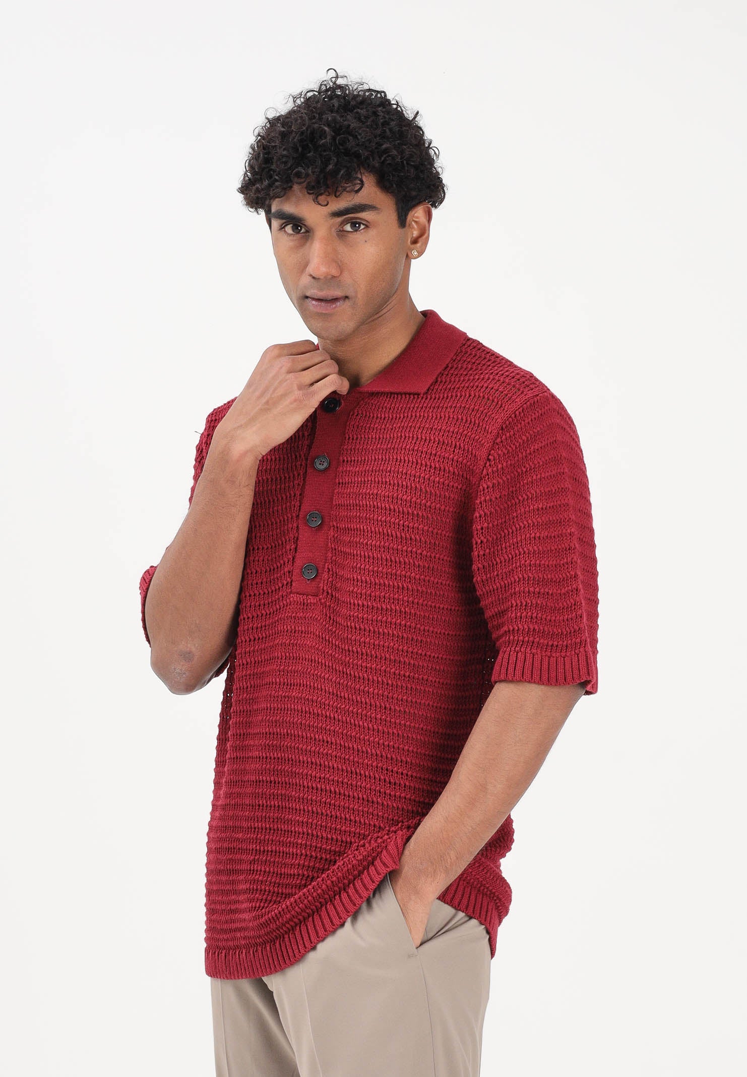 I'M BIRAN Polo bordeaux da uomo in tessuto lavorato a maglia traforata MA3604 0029 I'M BRIAN