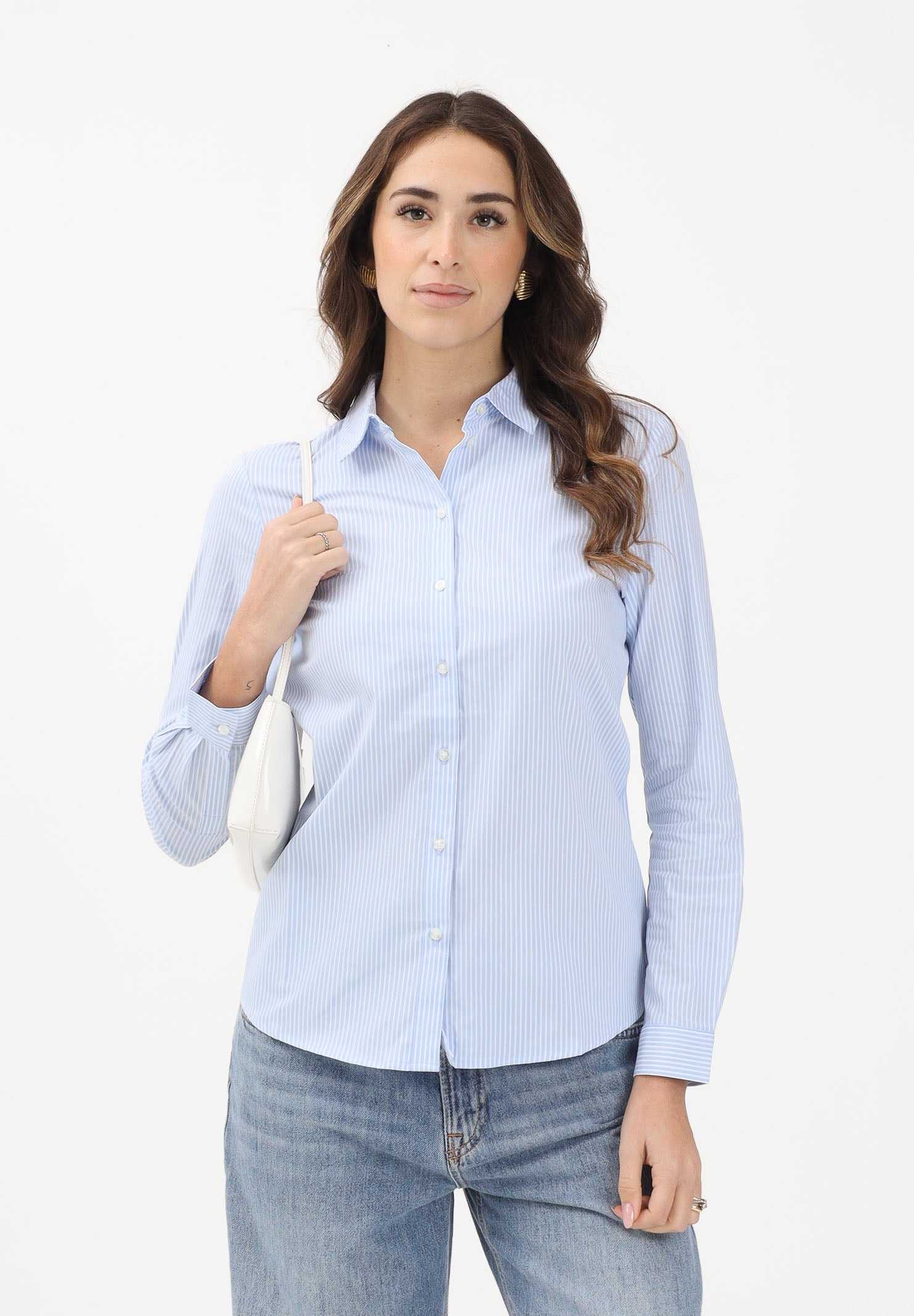 JDY Camicia a manica lunga da donna realizzata in tessuto azzurro chiaro con sottile motivo a righe 15149877 CABLWI JDY