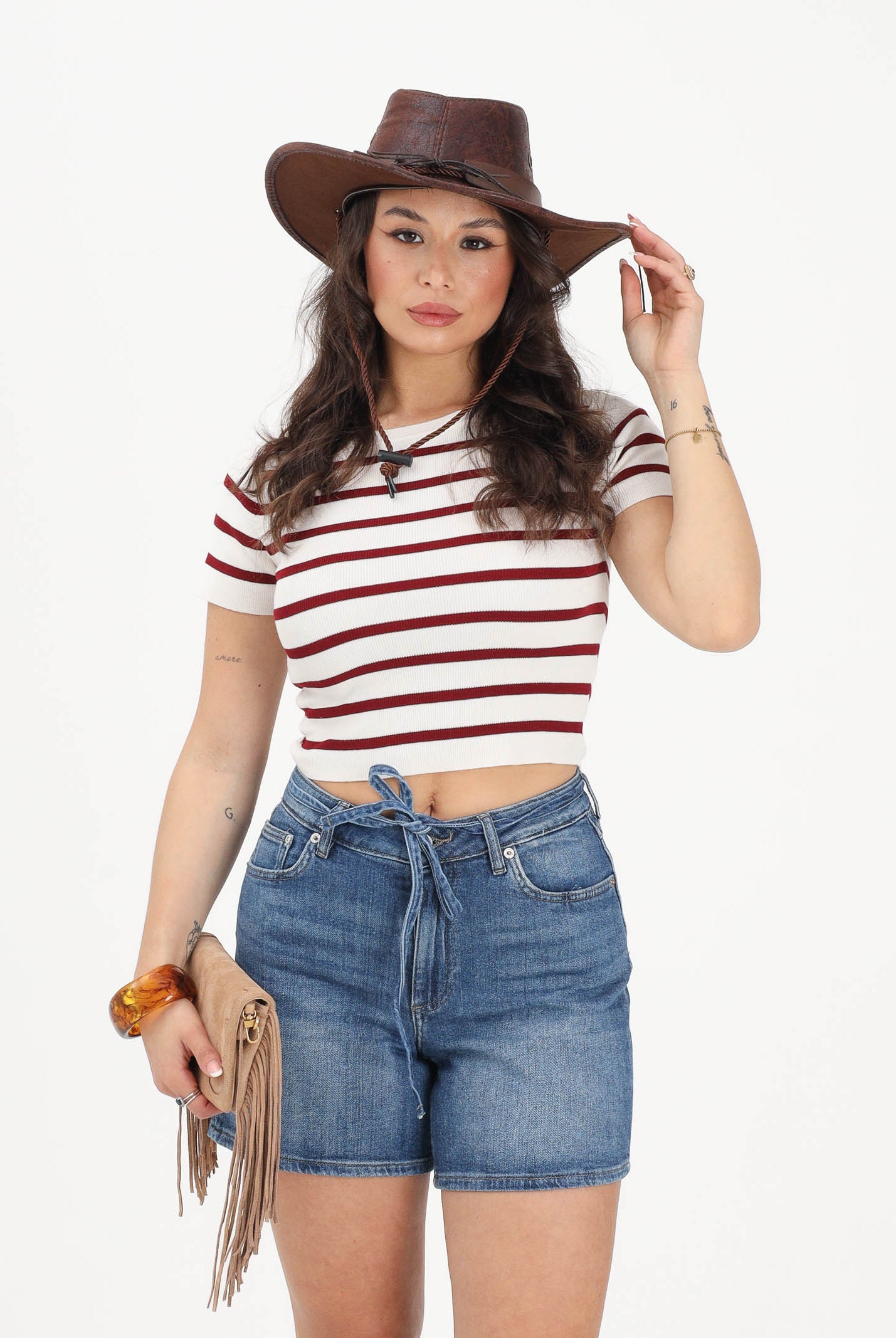 JDY Top a manica corta da donna con motivo a righe panna e bordeaux 15294790 CLDARU JDY