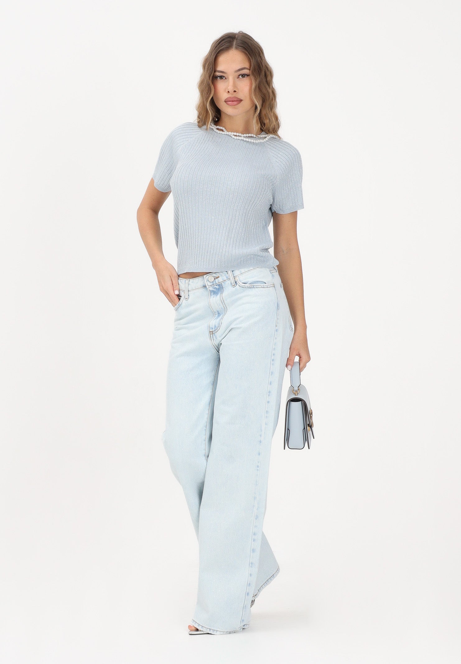 JDY Maglia girocollo azzurra da donna in filo 15334641 CABLW JDY