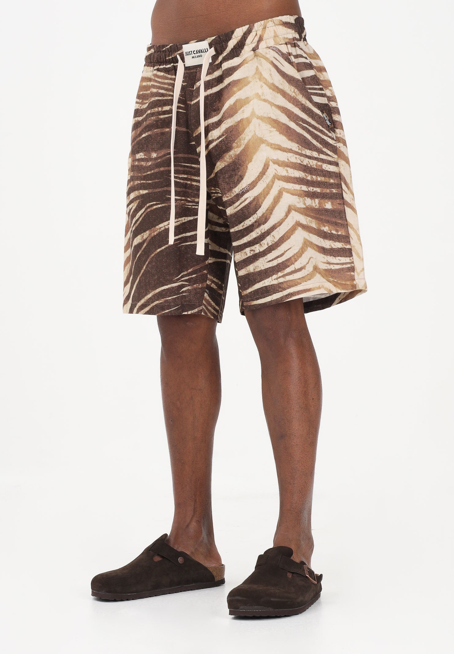JUST CAVALLI Shorts beige da uomo con stampa animalier effetto tigre 80OADF02CNF06 R83 JUST CAVALLI