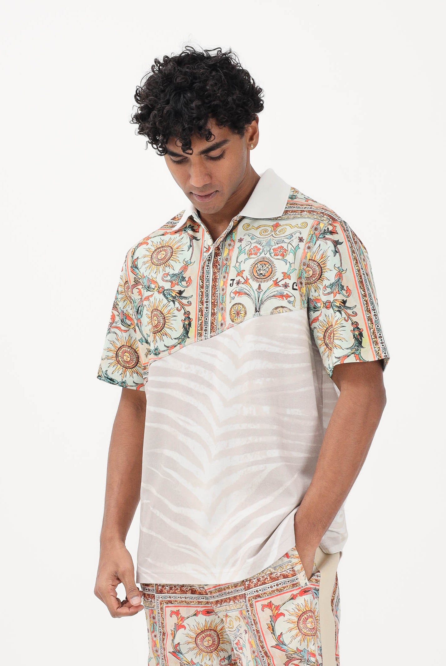 JUST CAVALLI Polo a manica corta avorio da uomo con stampa ornamentale 80OAGE09CJ116 R85 JUST CAVALLI